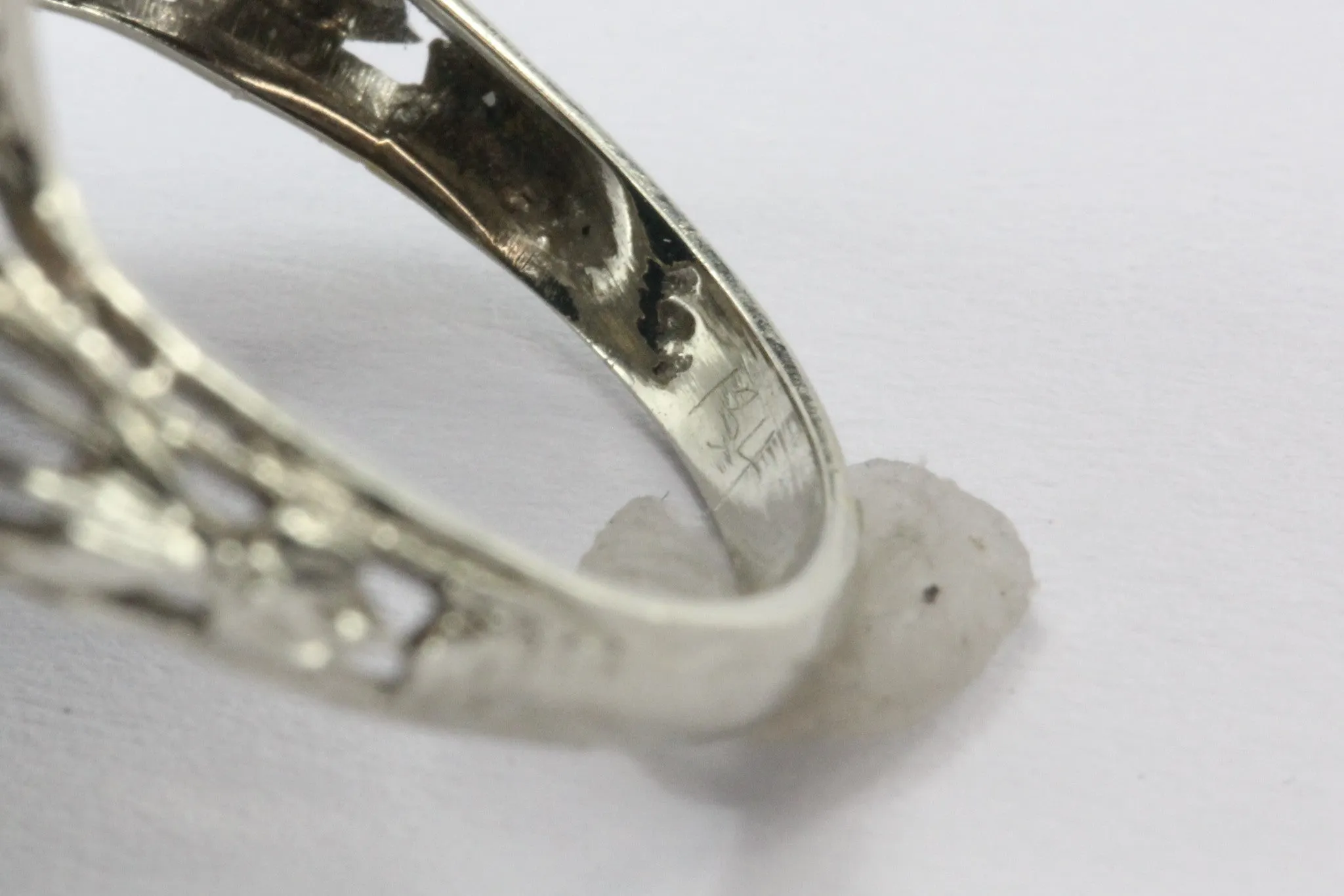 Antique Art Deco 14K White Gold Carved Blue Stone Seed Pearl Chunky Ring