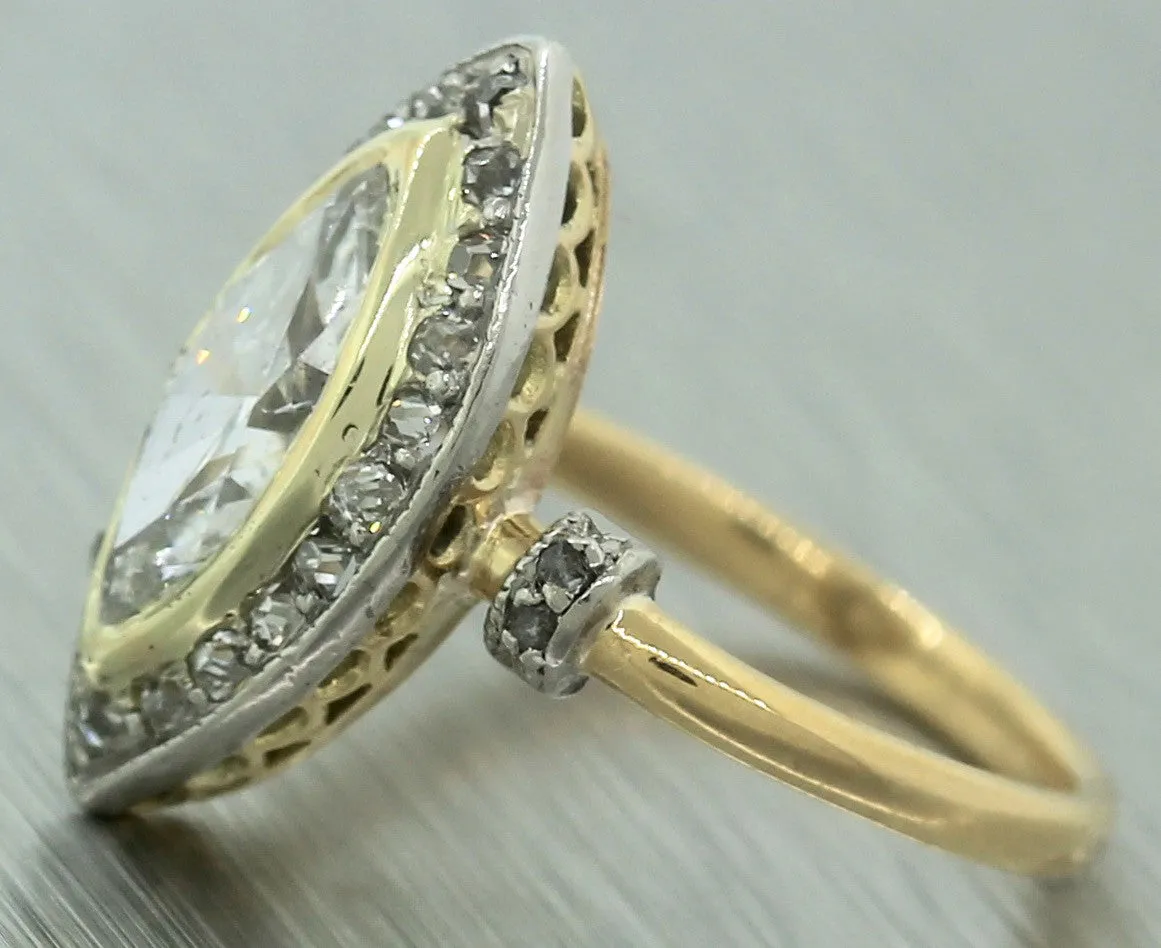 Antique Art Deco 1920s Estate 0.93ctw Marquise Damond 18K Gold Ring EGL USA