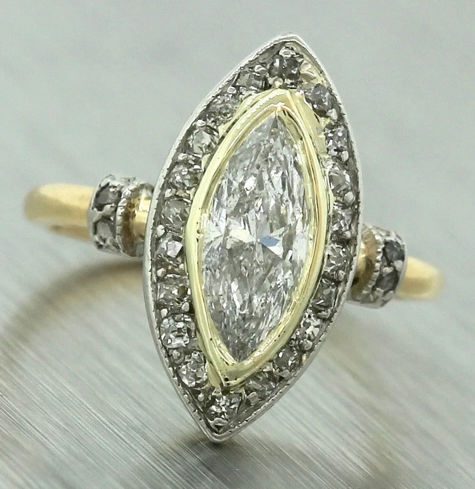Antique Art Deco 1920s Estate 0.93ctw Marquise Damond 18K Gold Ring EGL USA