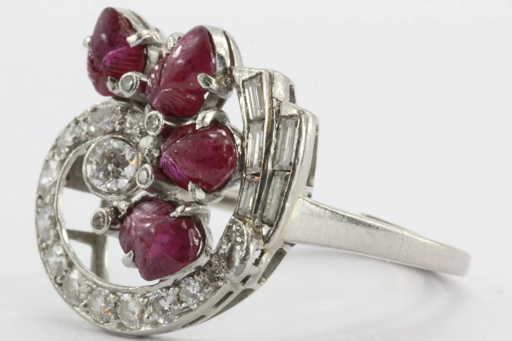Antique Art-Deco Tutti Fruity Style Carved Ruby Platinum & Diamond Ring