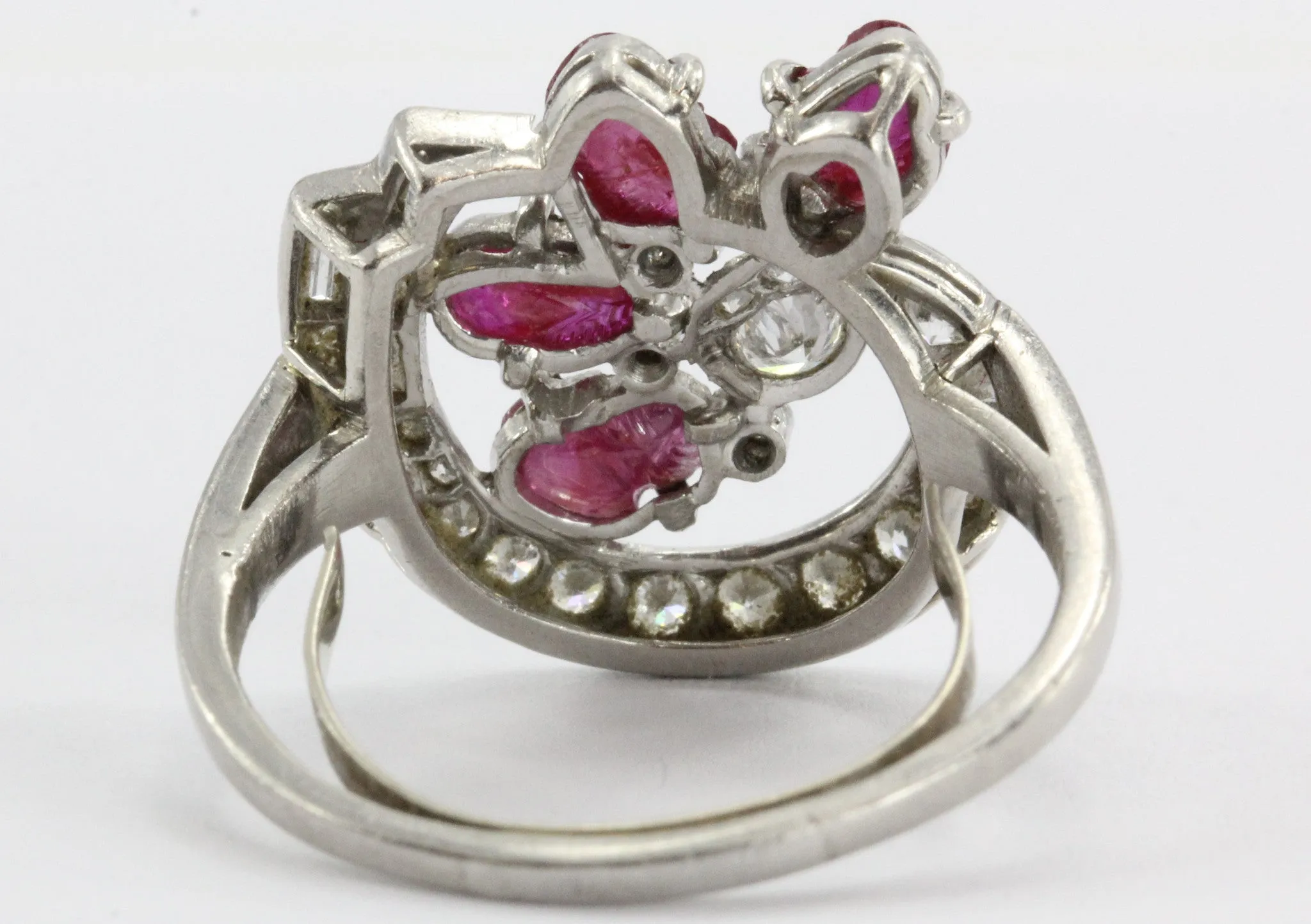 Antique Art-Deco Tutti Fruity Style Carved Ruby Platinum & Diamond Ring