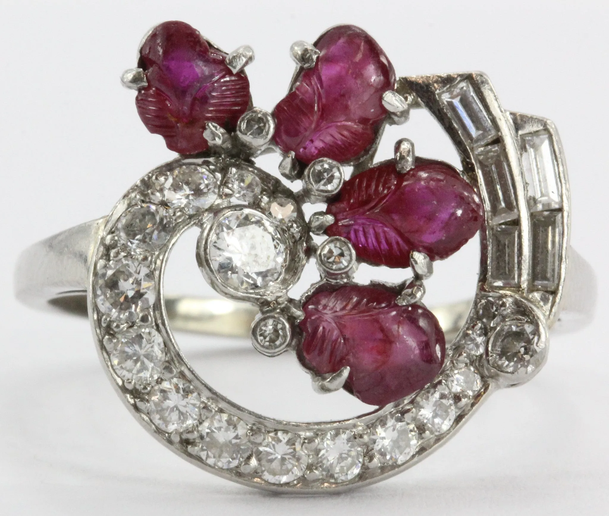 Antique Art-Deco Tutti Fruity Style Carved Ruby Platinum & Diamond Ring