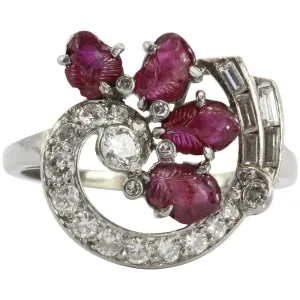 Antique Art-Deco Tutti Fruity Style Carved Ruby Platinum & Diamond Ring