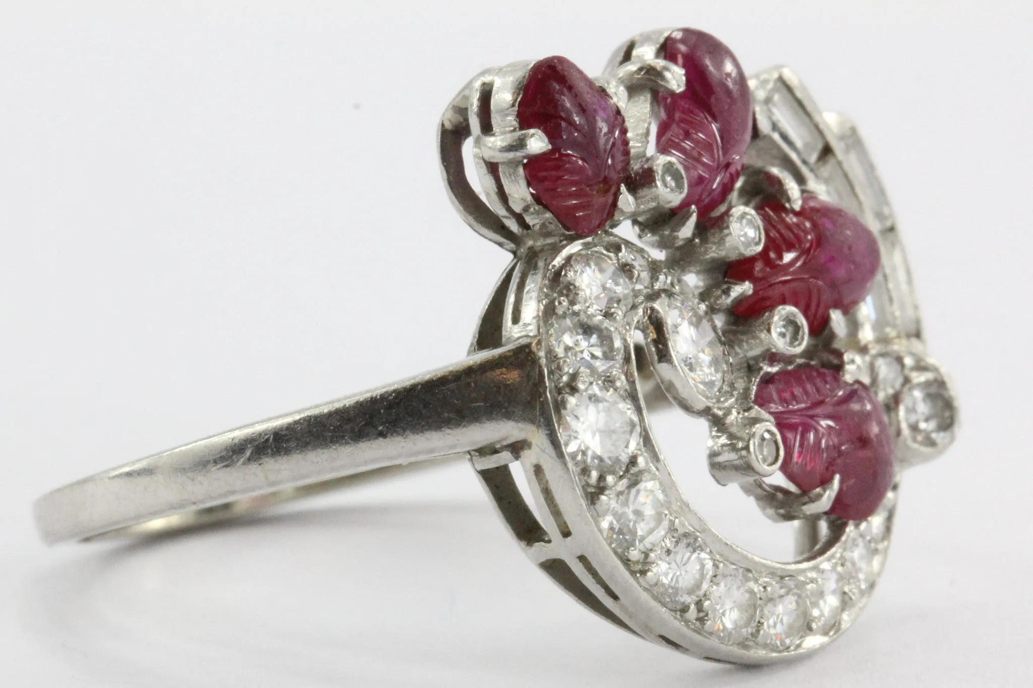 Antique Art-Deco Tutti Fruity Style Carved Ruby Platinum & Diamond Ring