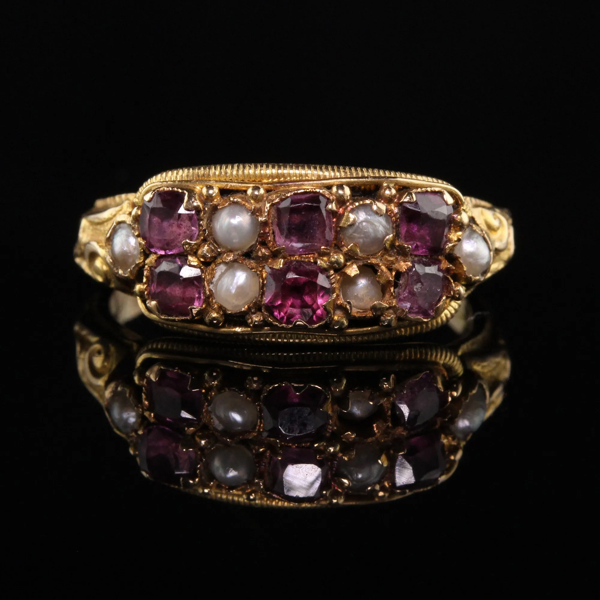 Antique Victorian 14K Yellow Gold English Garnet and Pearl Ring