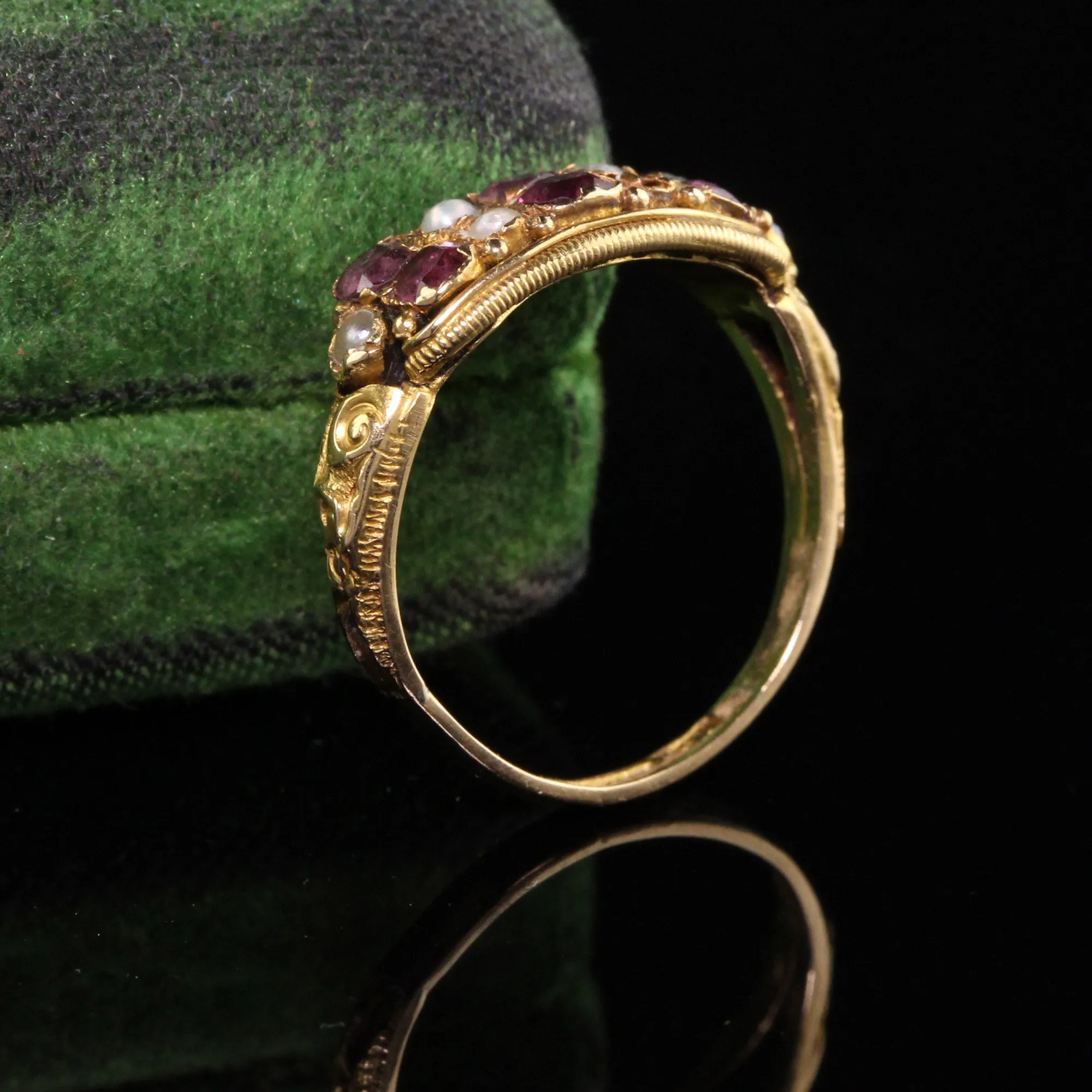 Antique Victorian 14K Yellow Gold English Garnet and Pearl Ring