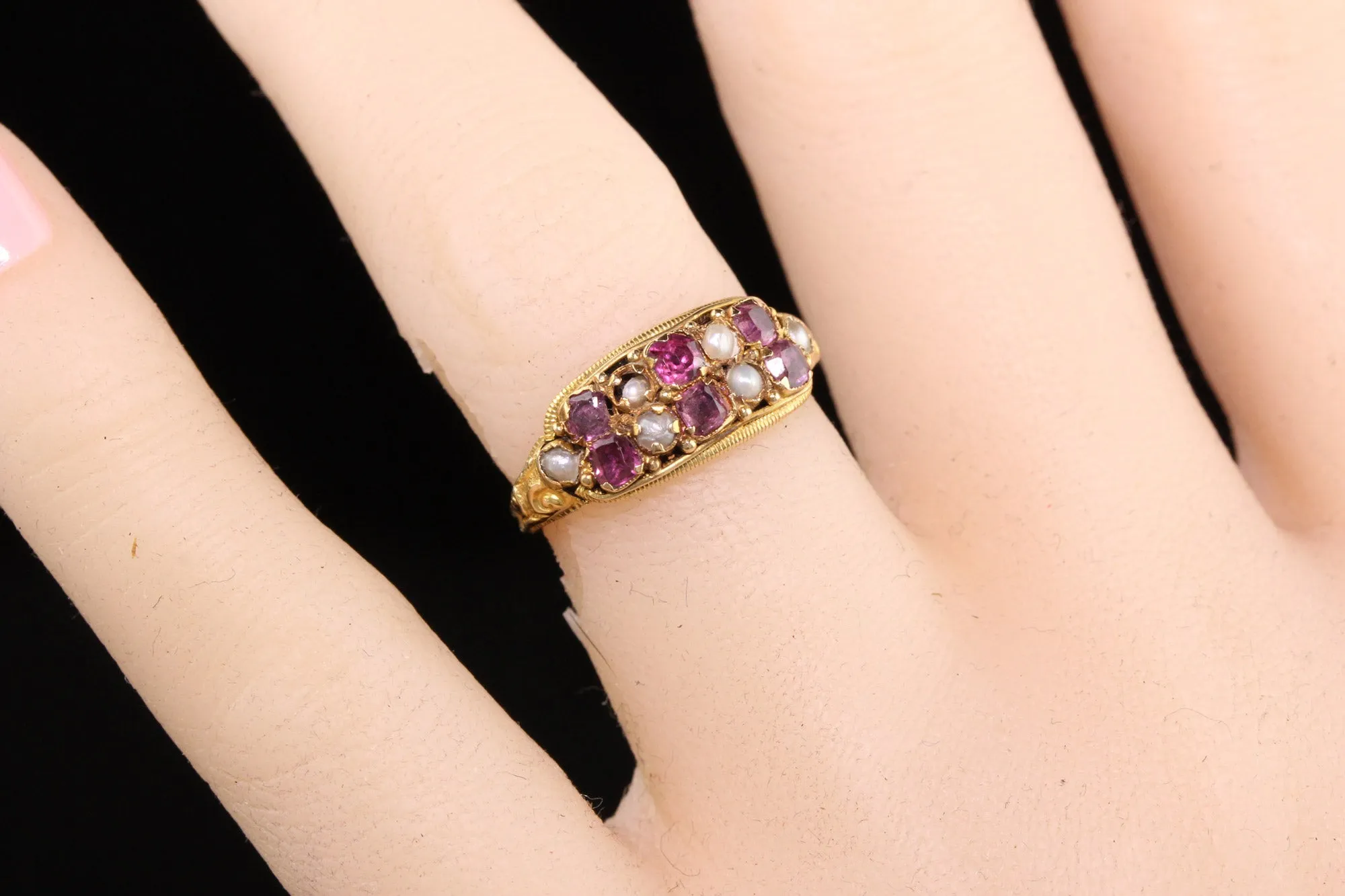 Antique Victorian 14K Yellow Gold English Garnet and Pearl Ring
