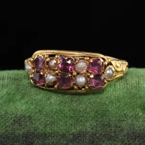 Antique Victorian 14K Yellow Gold English Garnet and Pearl Ring