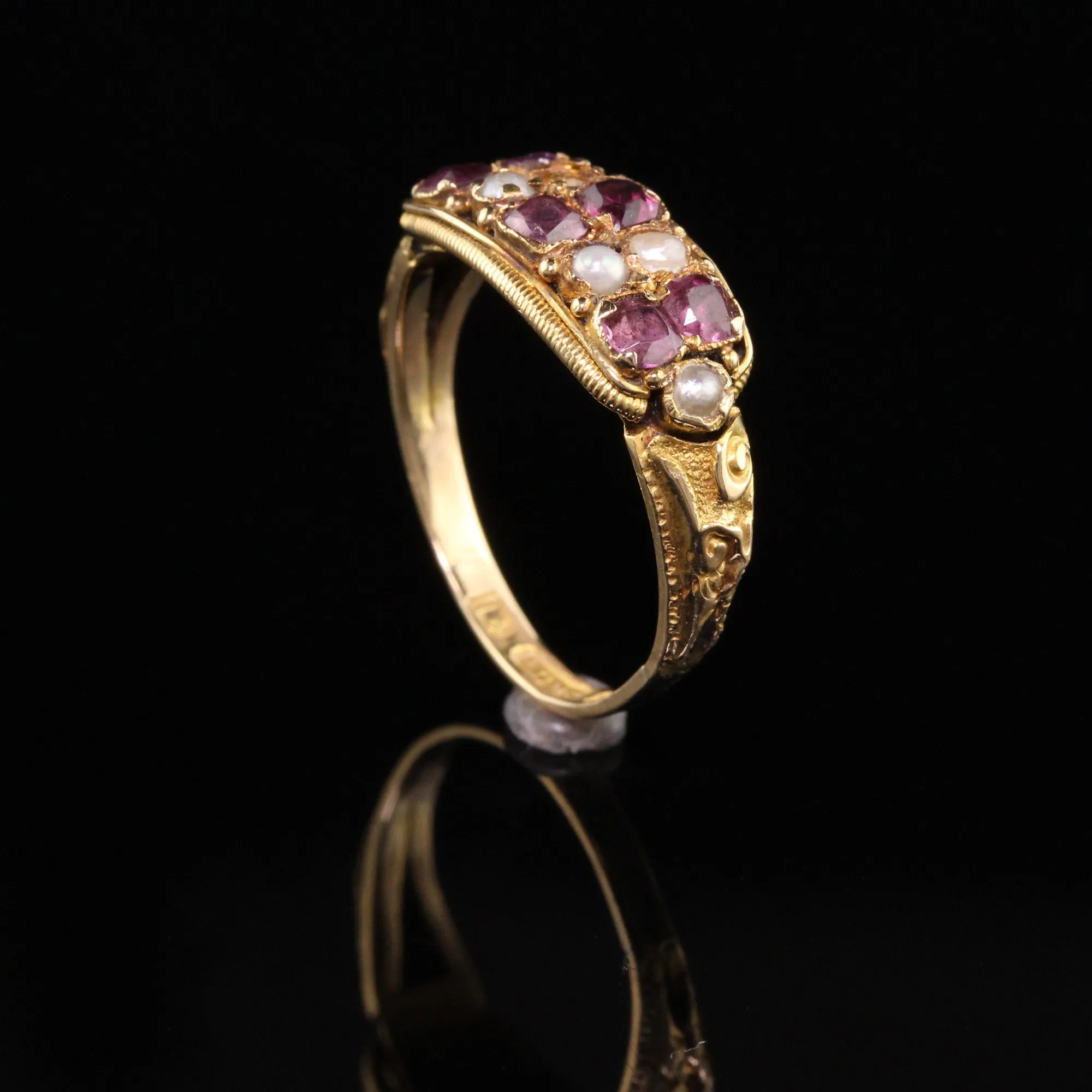 Antique Victorian 14K Yellow Gold English Garnet and Pearl Ring
