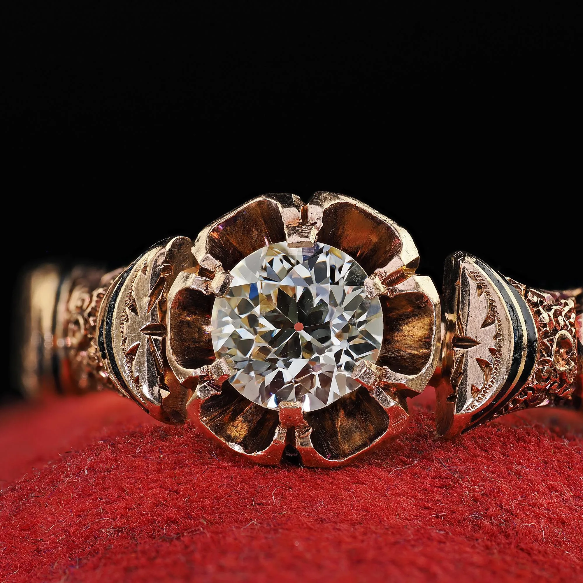 Antique Victorian 18K Yellow Gold Old Euro Diamond and Enamel Engagement Ring