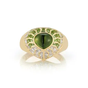 Aphrodite Green Peridot Cabochon Shield Ring with Chartreuse Aura