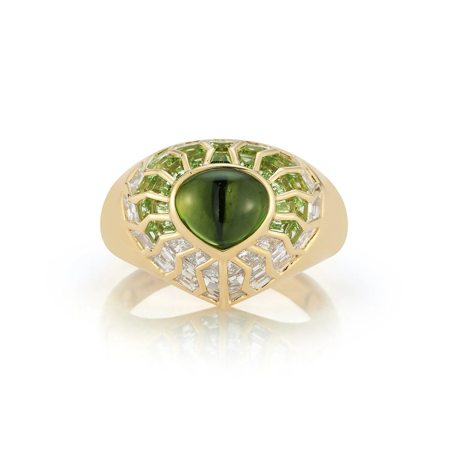 Aphrodite Green Peridot Cabochon Shield Ring with Chartreuse Aura