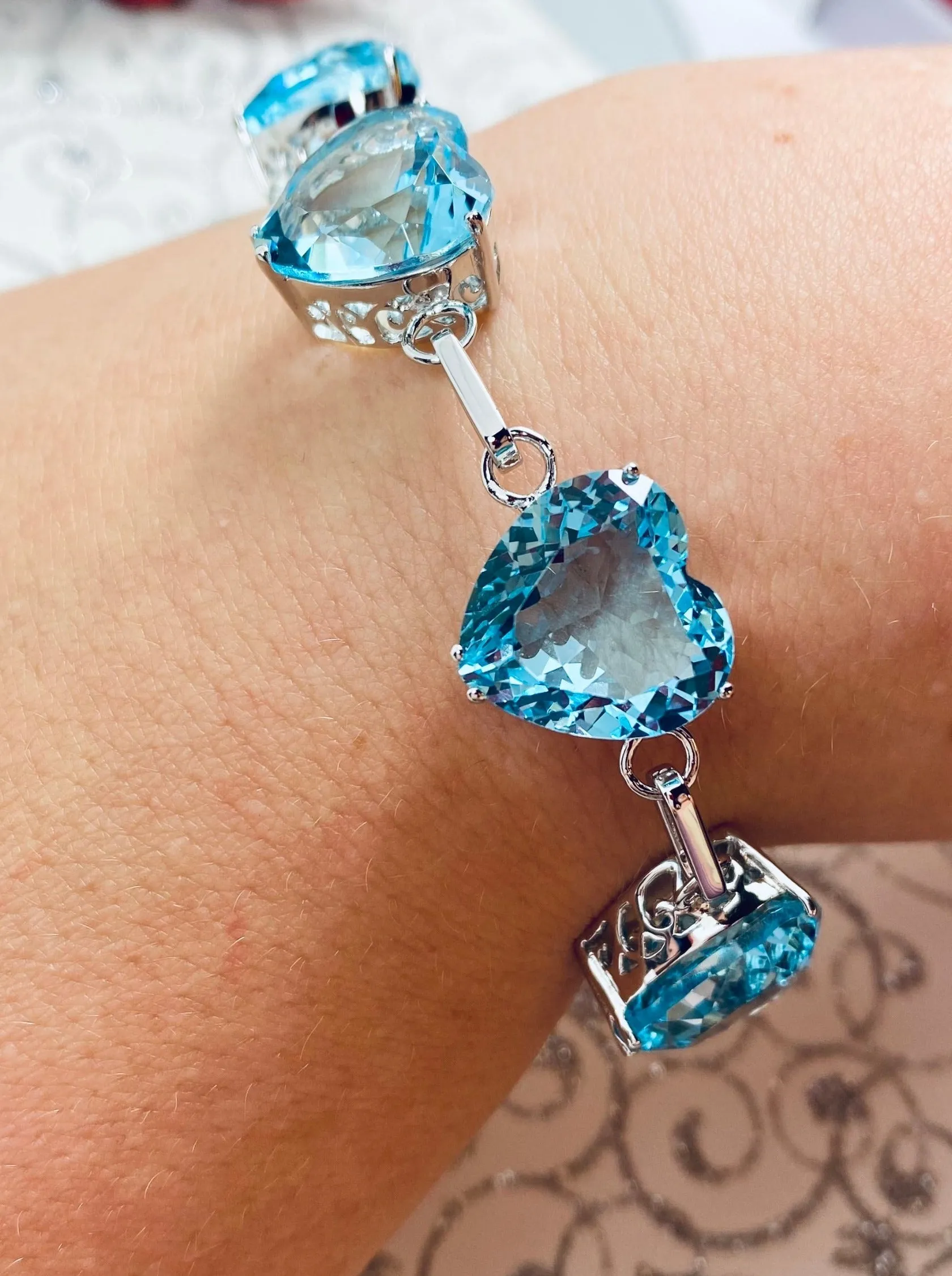 Aquamarine Bracelet, Heart Gems, Victorian Reproduction Jewelry #B38