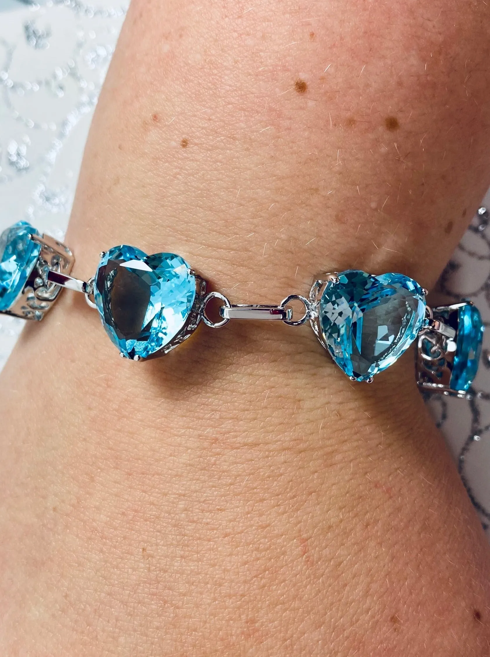 Aquamarine Bracelet, Heart Gems, Victorian Reproduction Jewelry #B38
