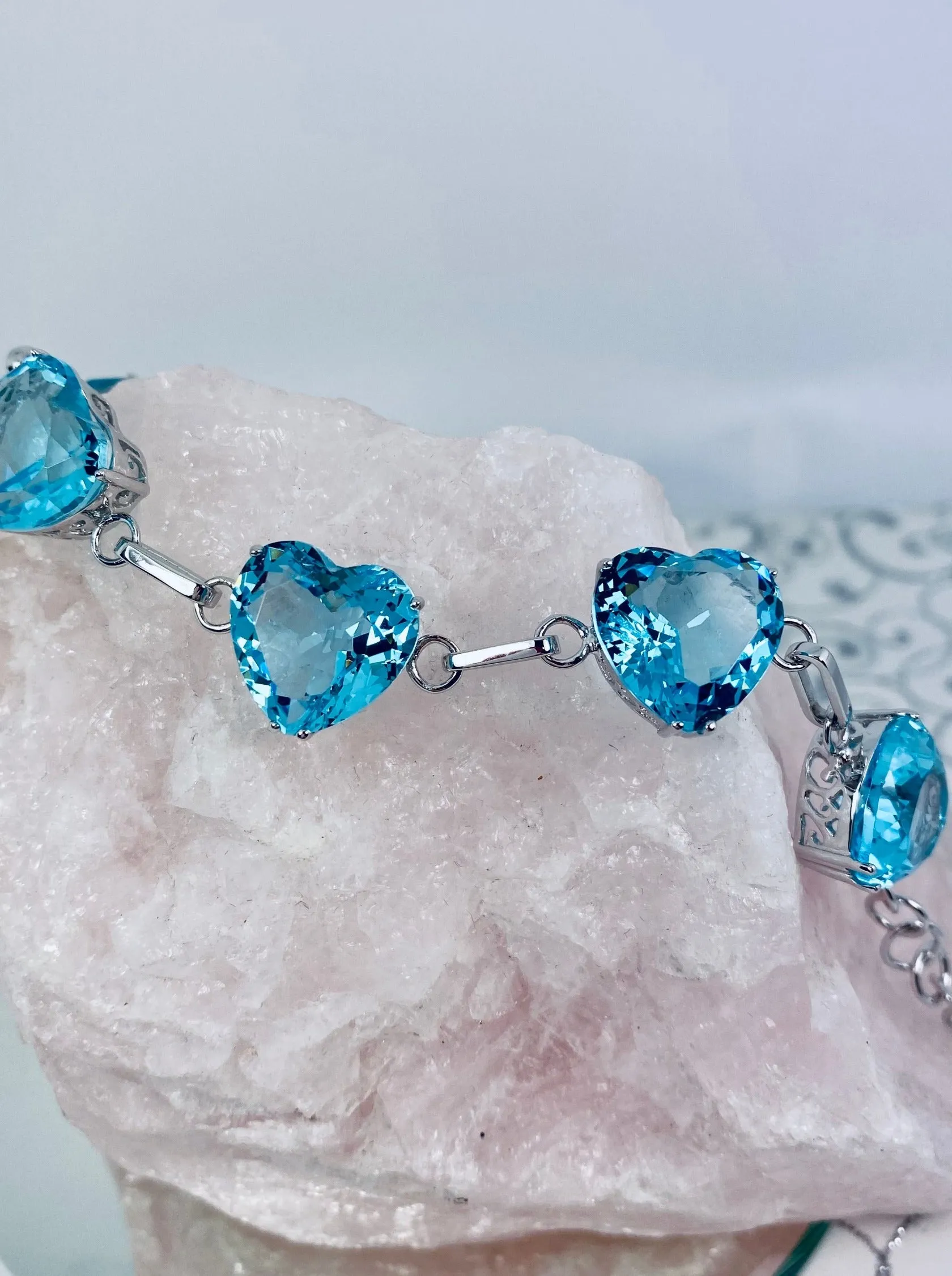 Aquamarine Bracelet, Heart Gems, Victorian Reproduction Jewelry #B38