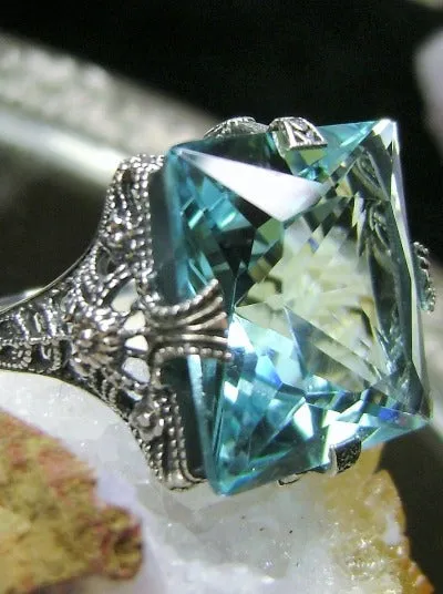 Aquamarine Ring, 12ct Square Gem, Victorian Jewelry #D77