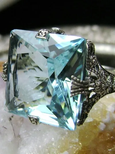 Aquamarine Ring, 12ct Square Gem, Victorian Jewelry #D77
