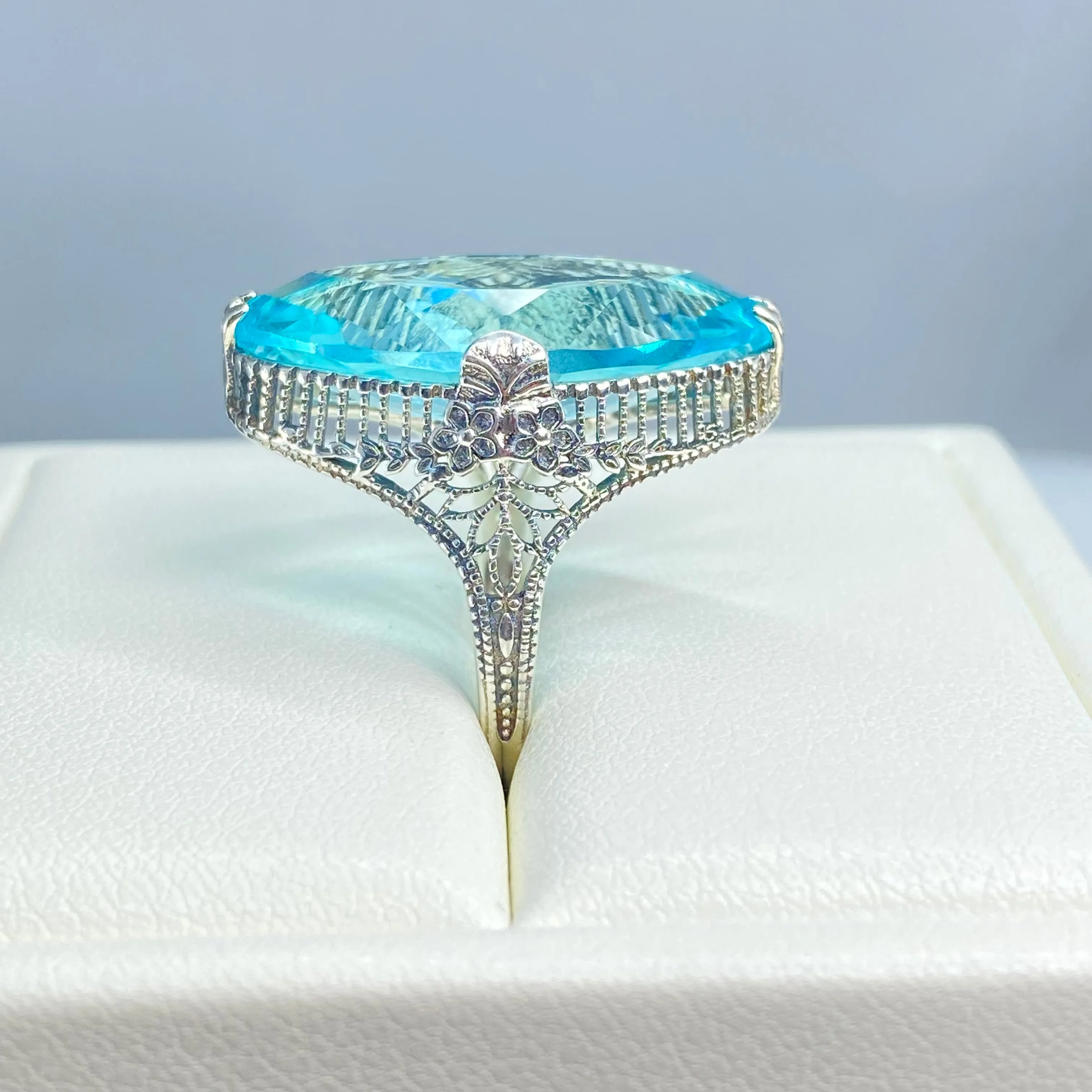 Aquamarine Ring, Simulated Marquise Gem, Victorian Palisade Filigree Jewelry #D39
