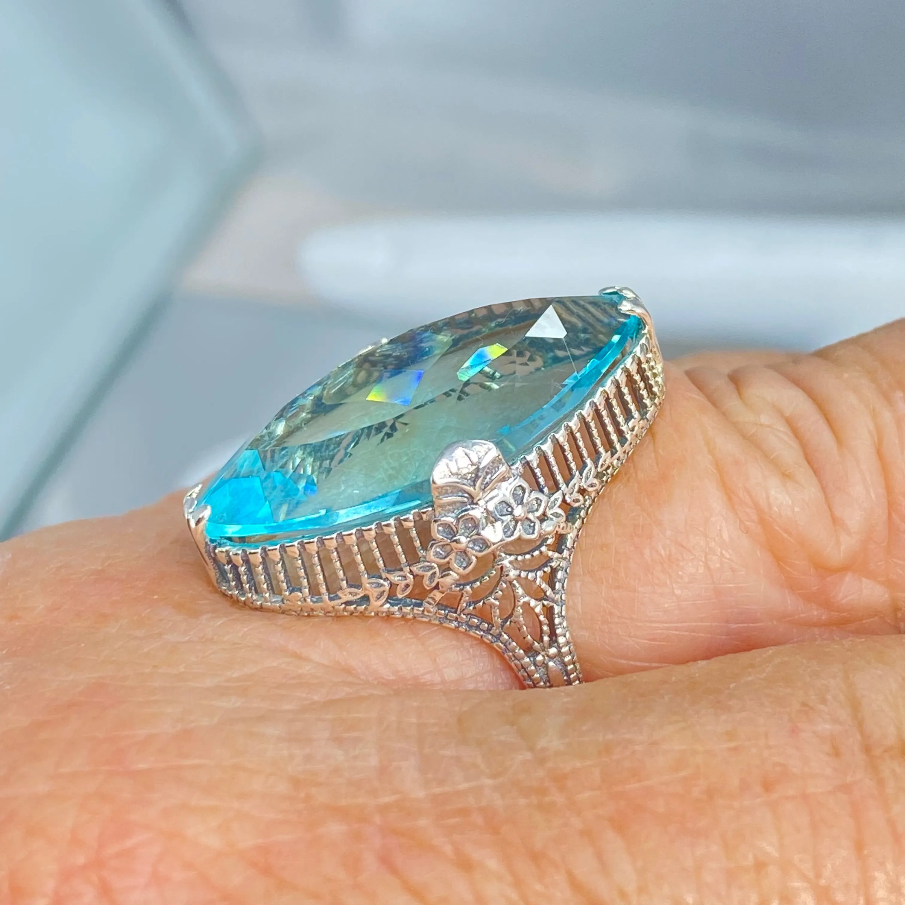 Aquamarine Ring, Simulated Marquise Gem, Victorian Palisade Filigree Jewelry #D39