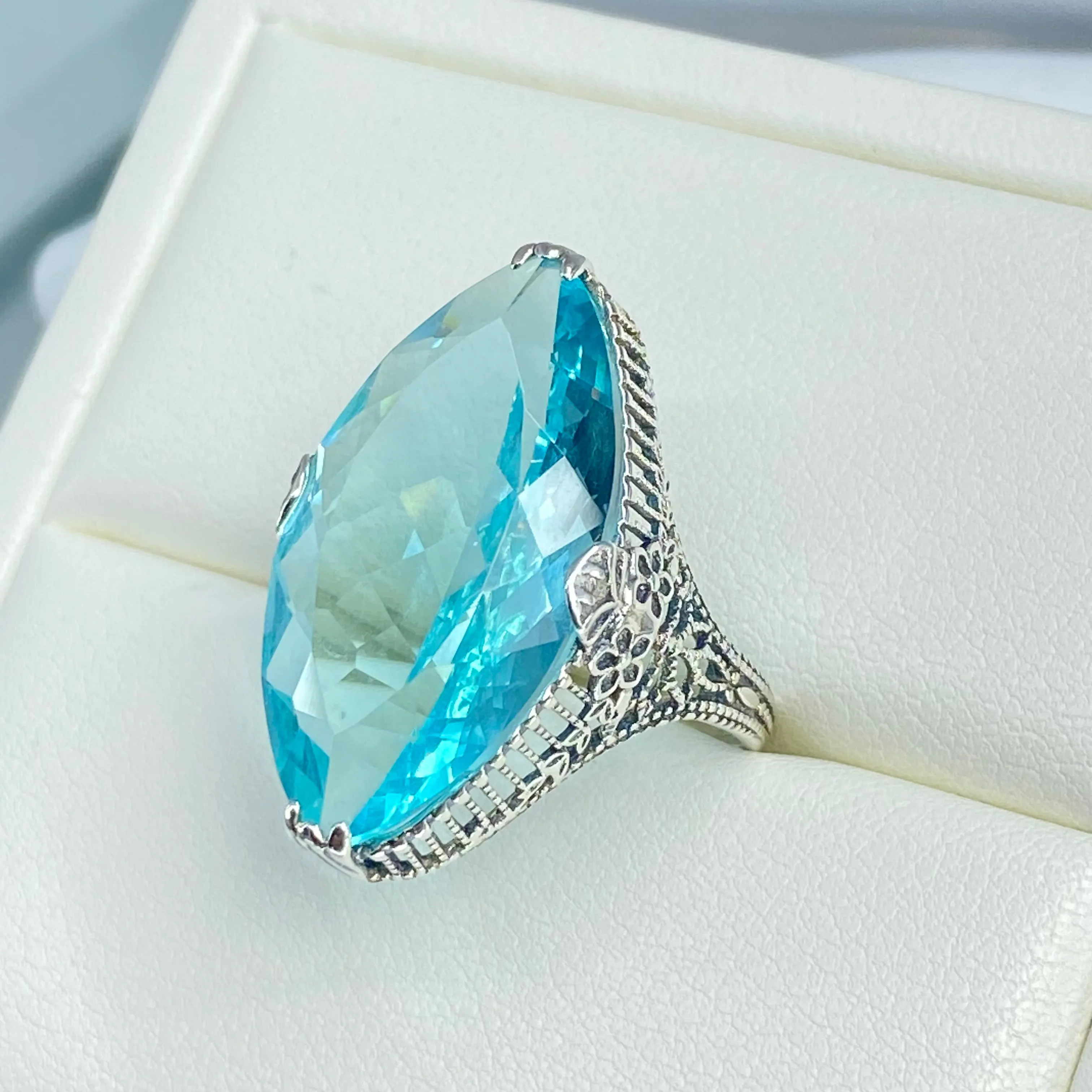 Aquamarine Ring, Simulated Marquise Gem, Victorian Palisade Filigree Jewelry #D39
