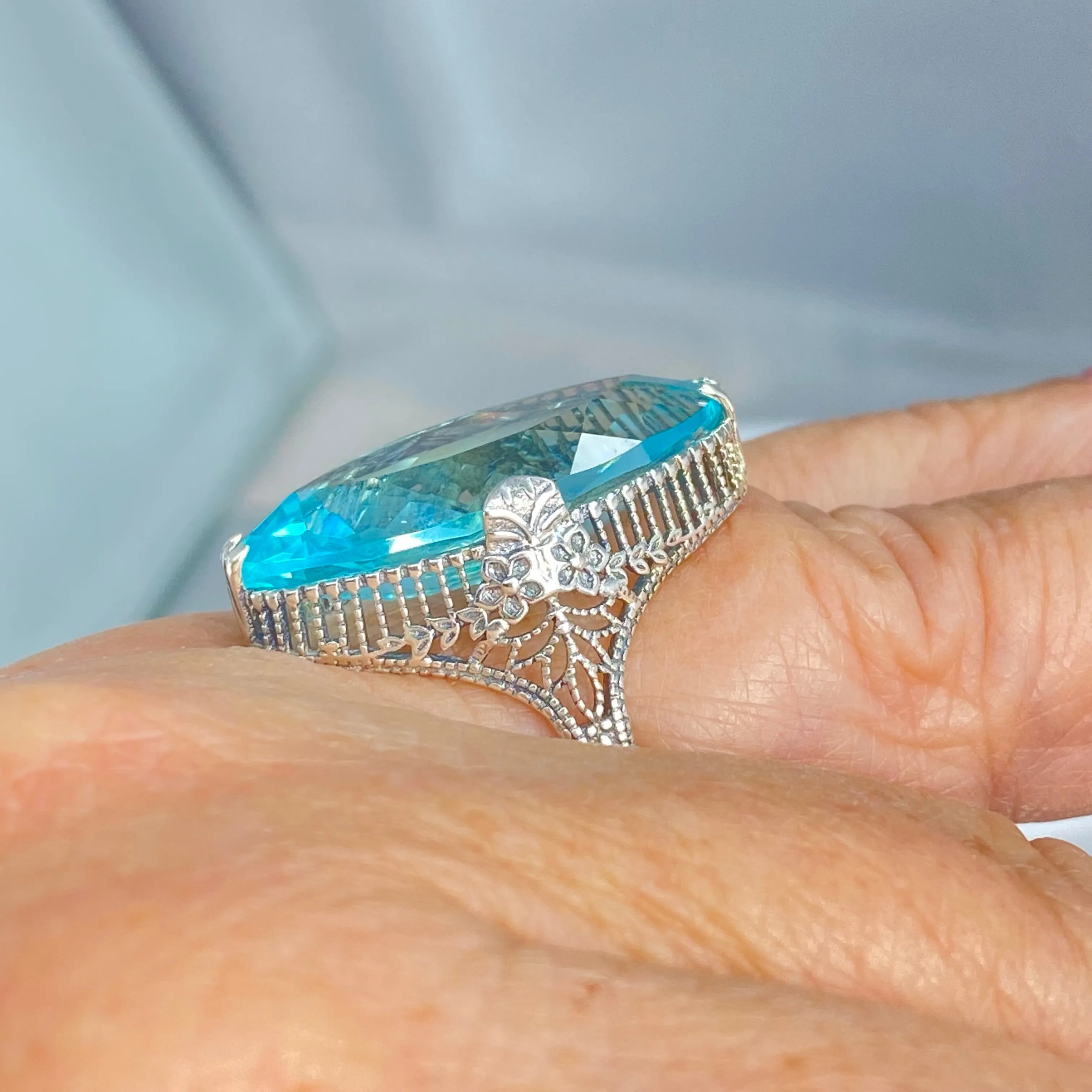 Aquamarine Ring, Simulated Marquise Gem, Victorian Palisade Filigree Jewelry #D39