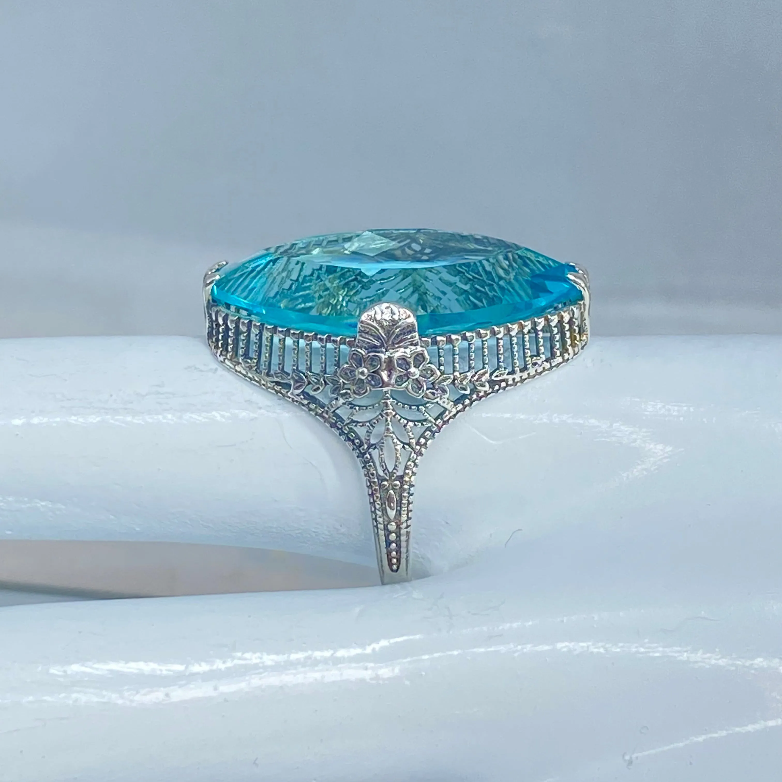 Aquamarine Ring, Simulated Marquise Gem, Victorian Palisade Filigree Jewelry #D39