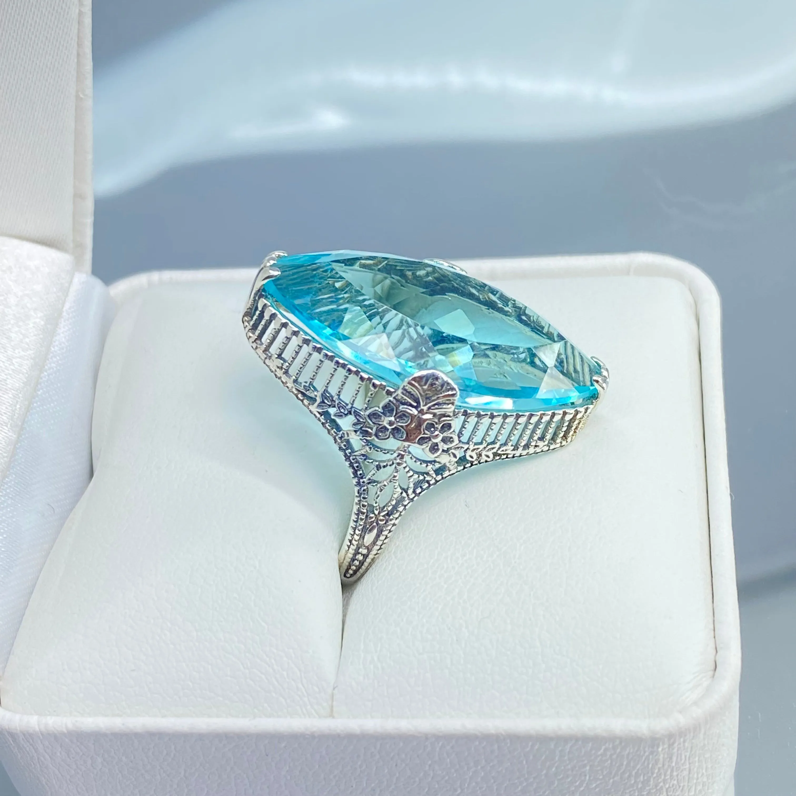 Aquamarine Ring, Simulated Marquise Gem, Victorian Palisade Filigree Jewelry #D39