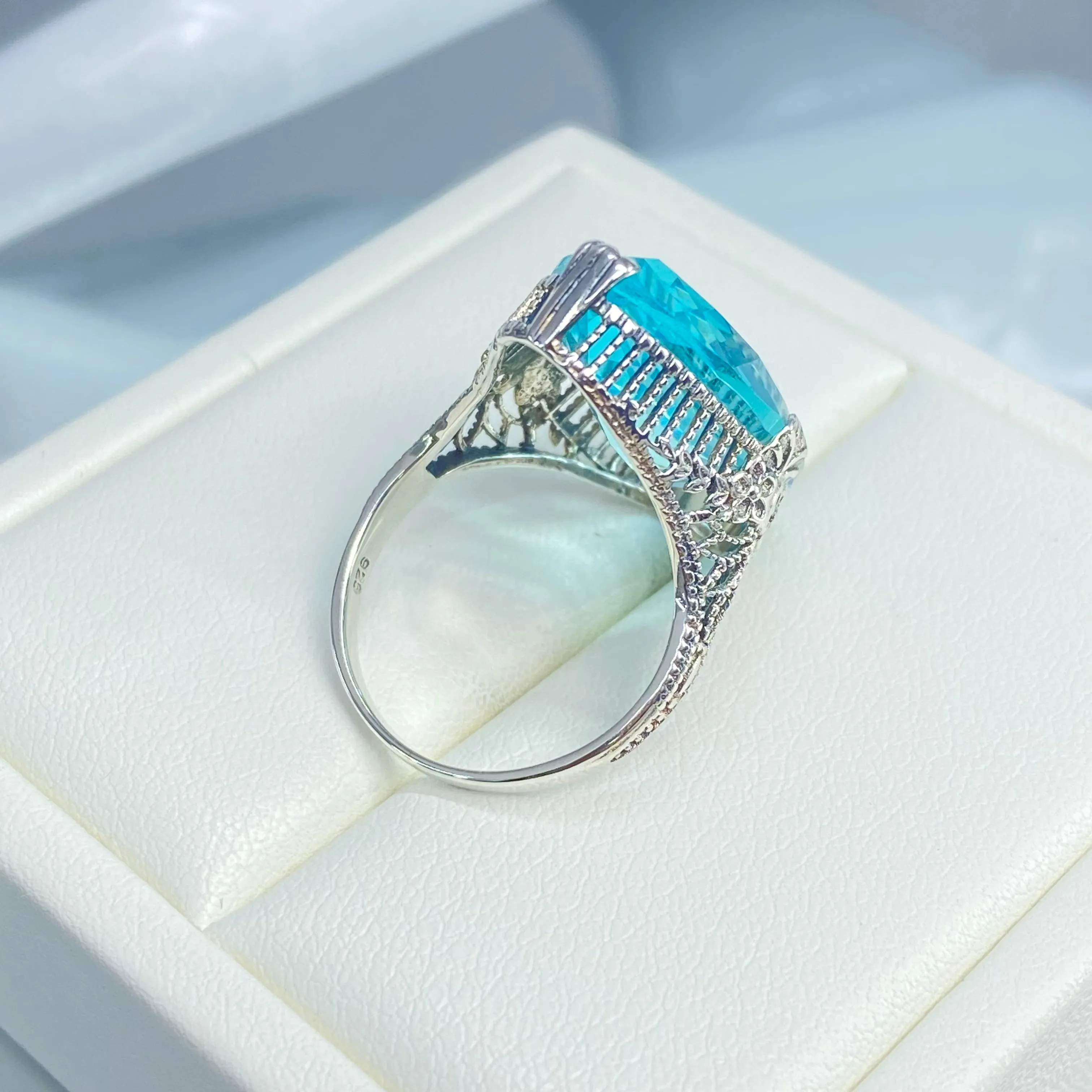Aquamarine Ring, Simulated Marquise Gem, Victorian Palisade Filigree Jewelry #D39