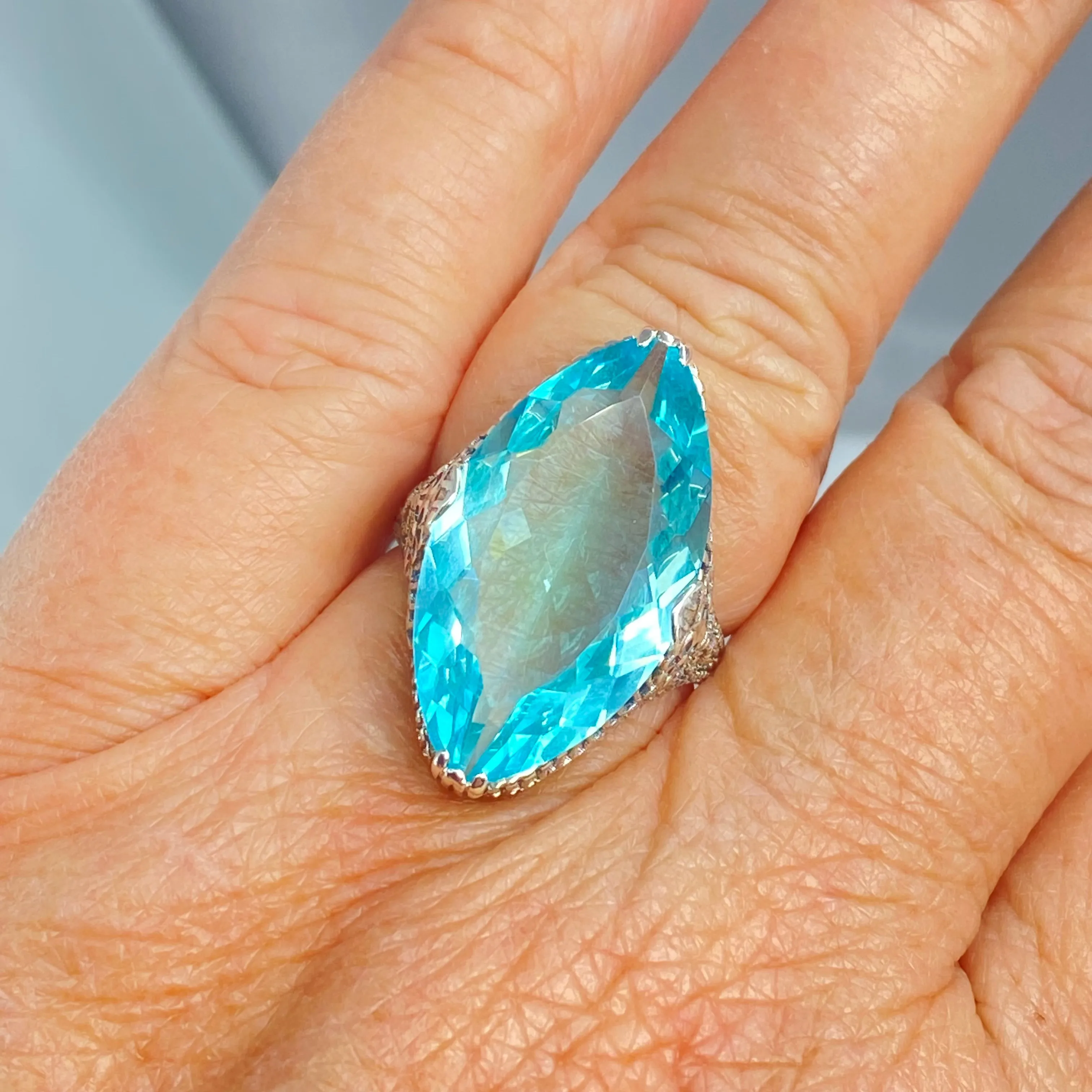 Aquamarine Ring, Simulated Marquise Gem, Victorian Palisade Filigree Jewelry #D39
