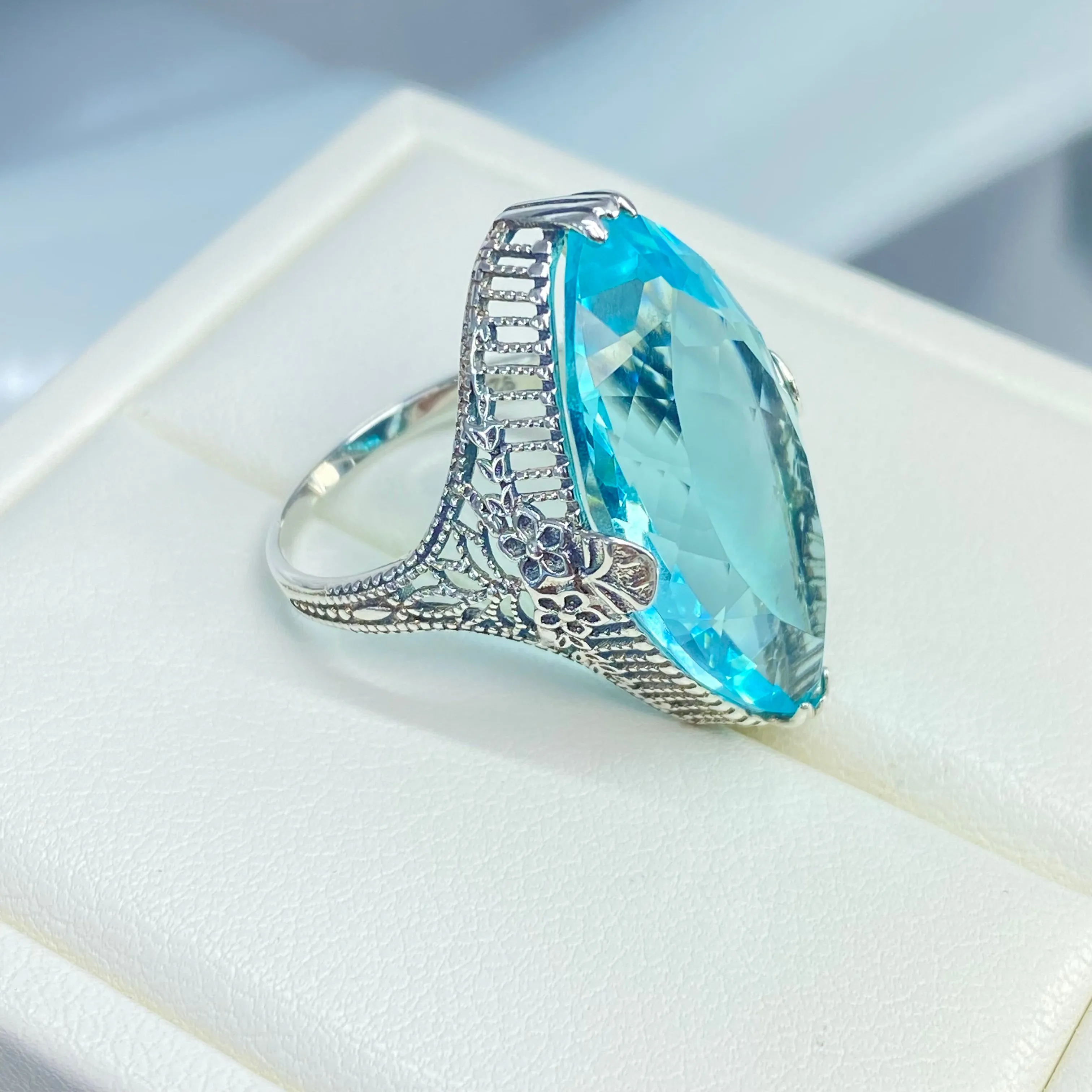 Aquamarine Ring, Simulated Marquise Gem, Victorian Palisade Filigree Jewelry #D39