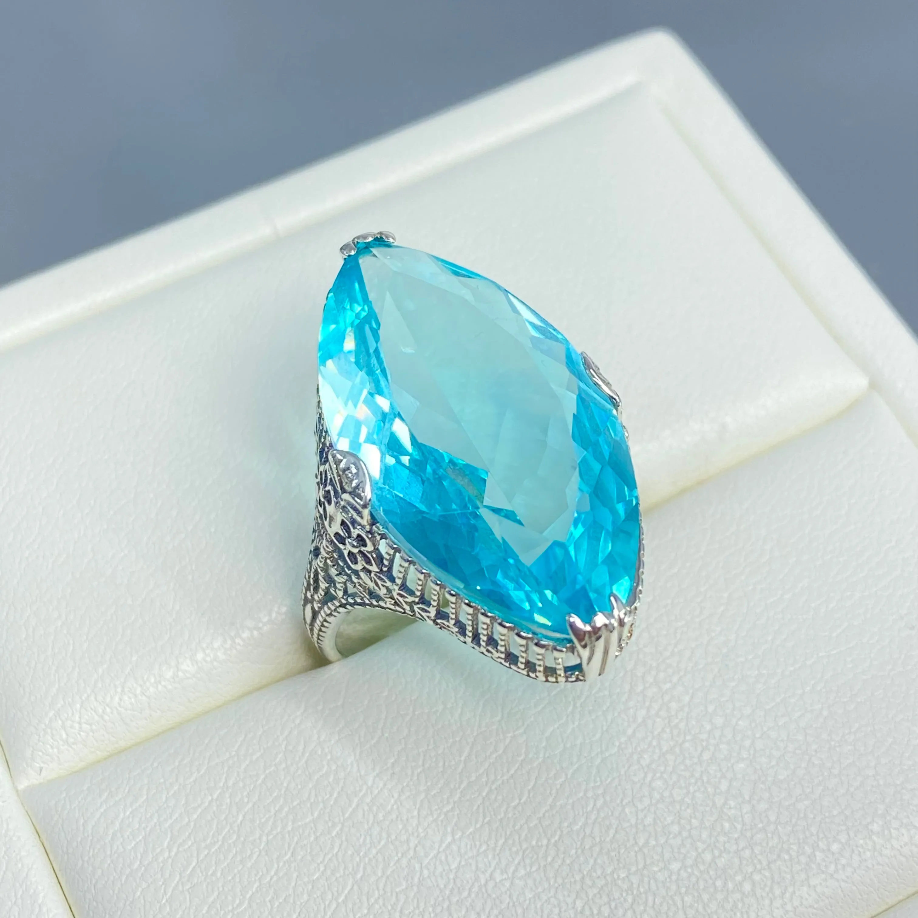 Aquamarine Ring, Simulated Marquise Gem, Victorian Palisade Filigree Jewelry #D39