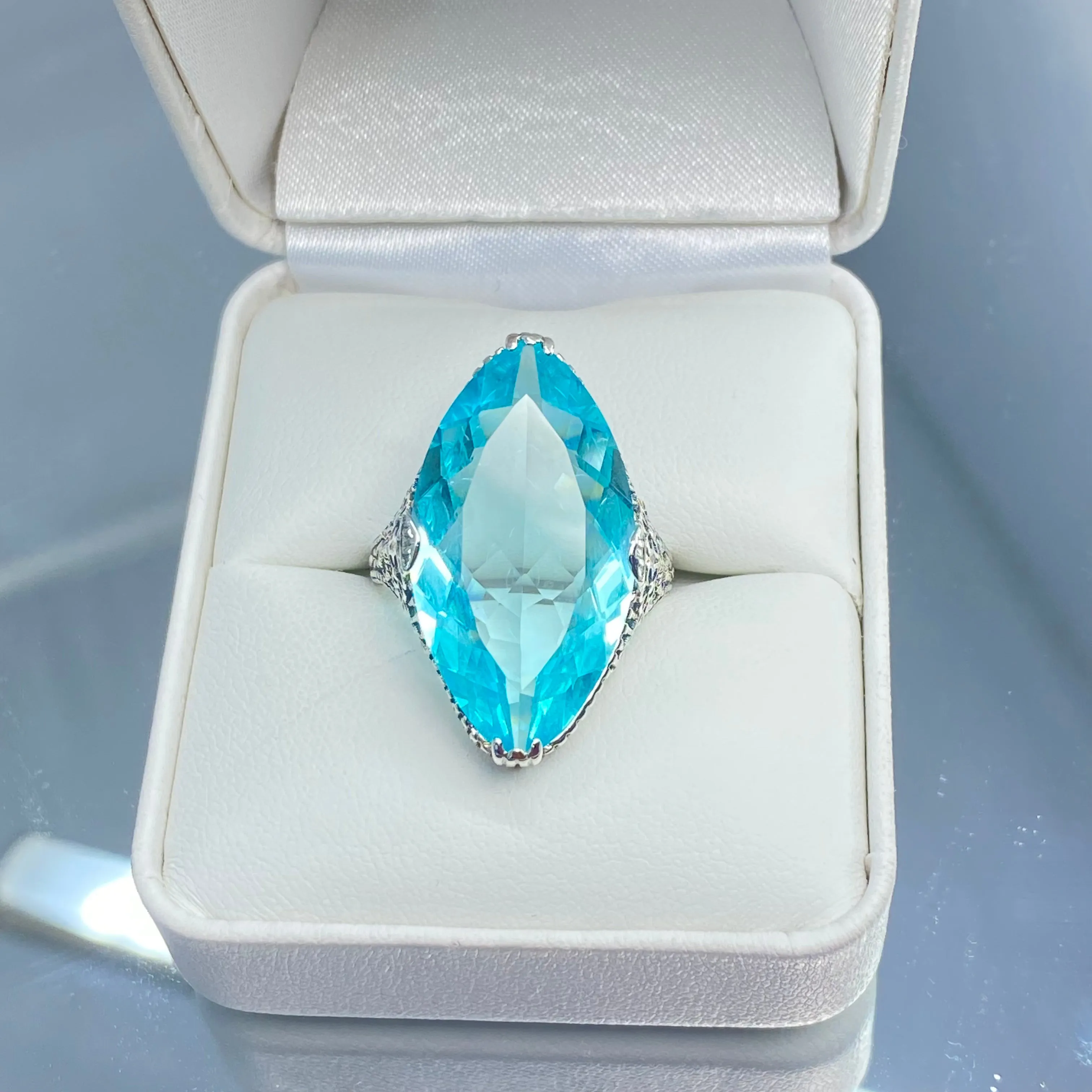 Aquamarine Ring, Simulated Marquise Gem, Victorian Palisade Filigree Jewelry #D39