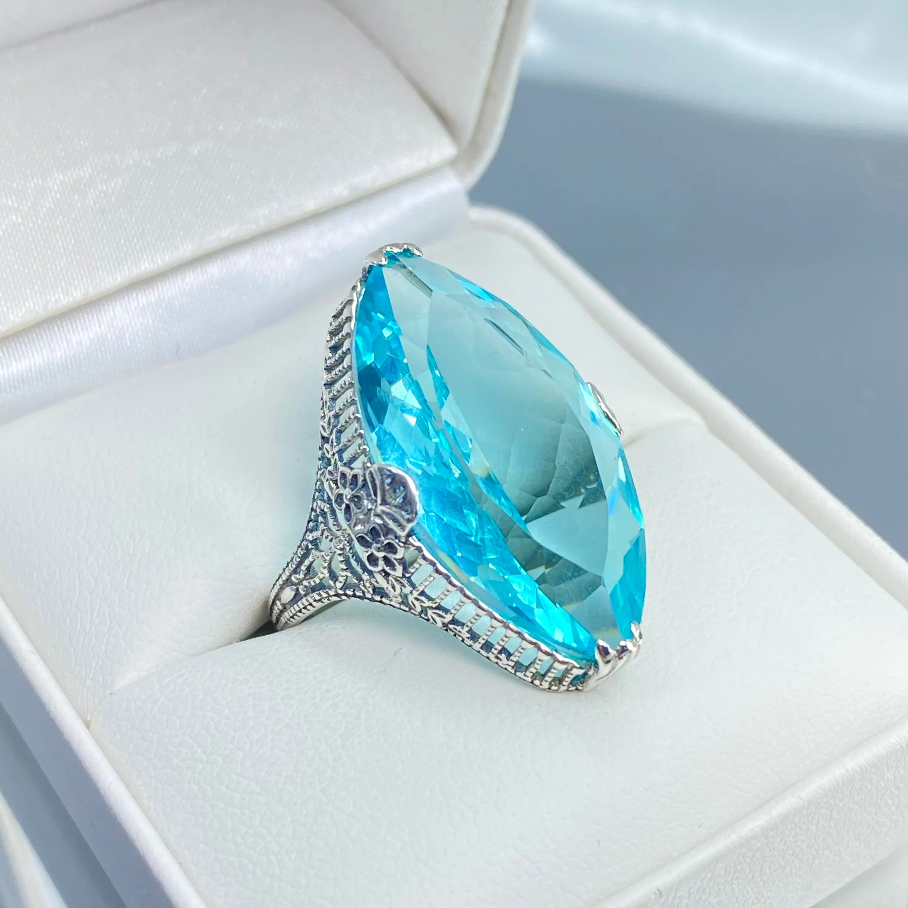 Aquamarine Ring, Simulated Marquise Gem, Victorian Palisade Filigree Jewelry #D39