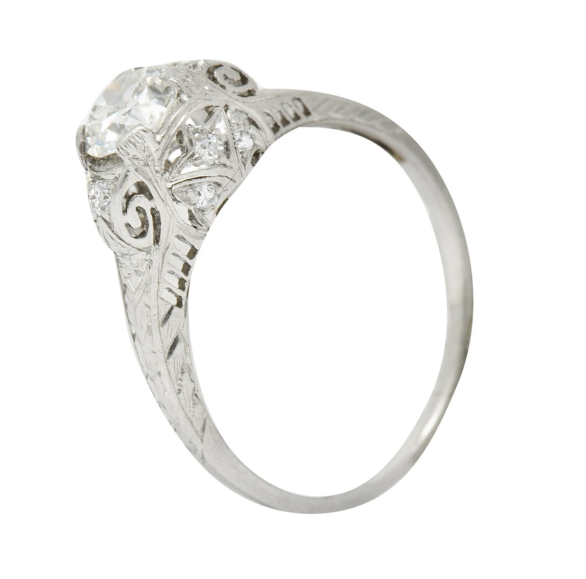 Art Deco 0.83 CTW Diamond Platinum Scrolled Engagement Ring GIA