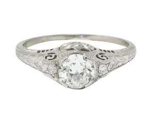 Art Deco 0.83 CTW Diamond Platinum Scrolled Engagement Ring GIA