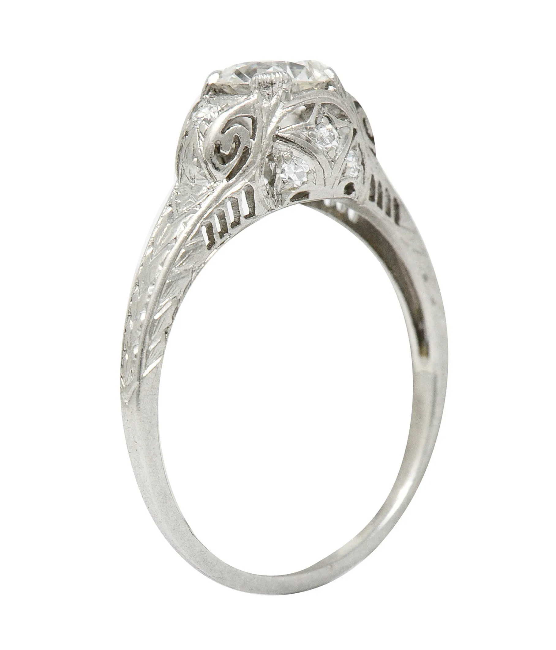 Art Deco 0.83 CTW Diamond Platinum Scrolled Engagement Ring GIA