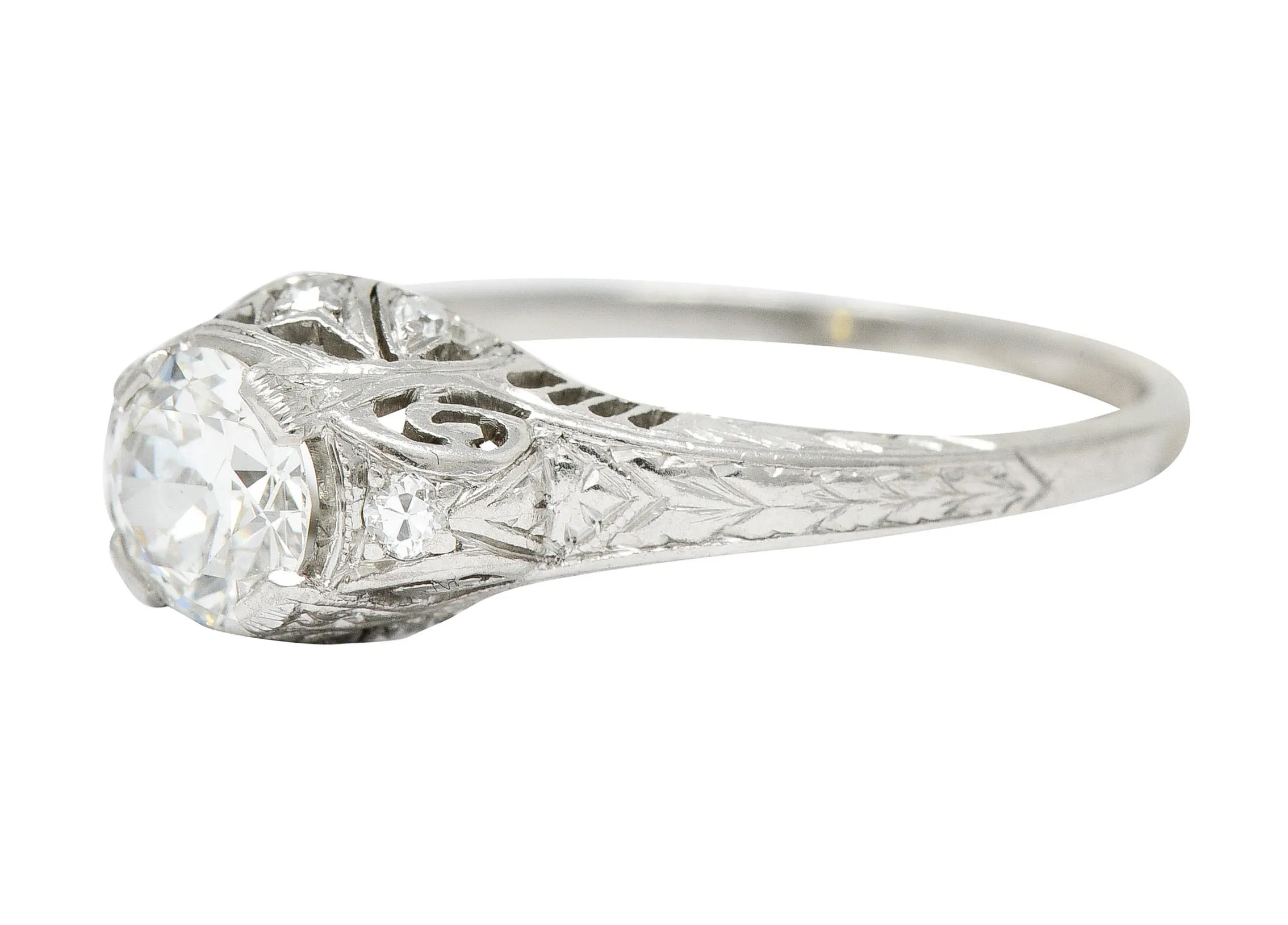 Art Deco 0.83 CTW Diamond Platinum Scrolled Engagement Ring GIA