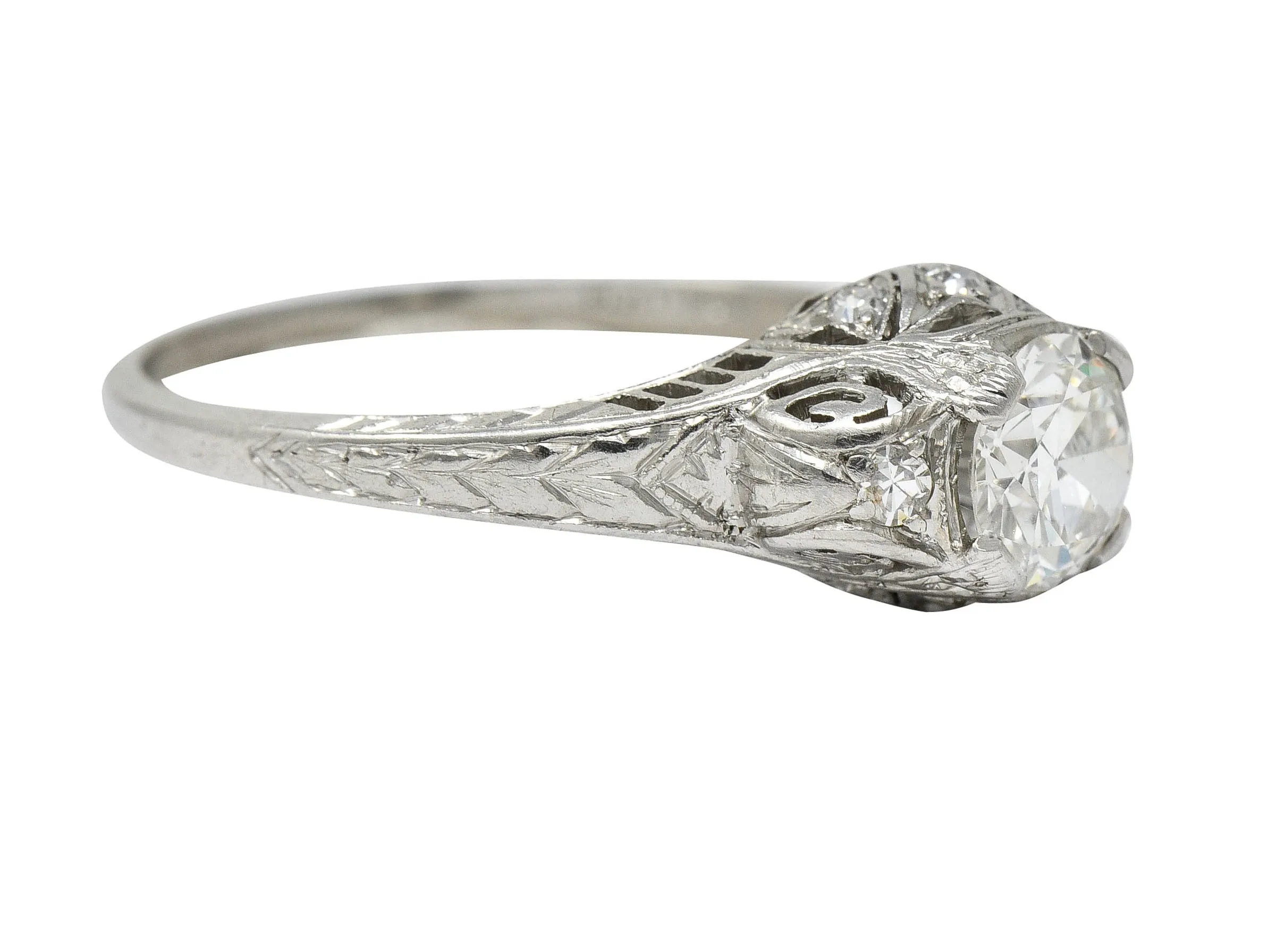 Art Deco 0.83 CTW Diamond Platinum Scrolled Engagement Ring GIA