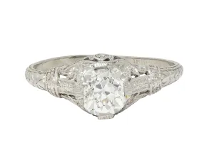 Art Deco 0.99 CTW Old European Diamond Platinum Lotus Antique Engagement Ring GIA