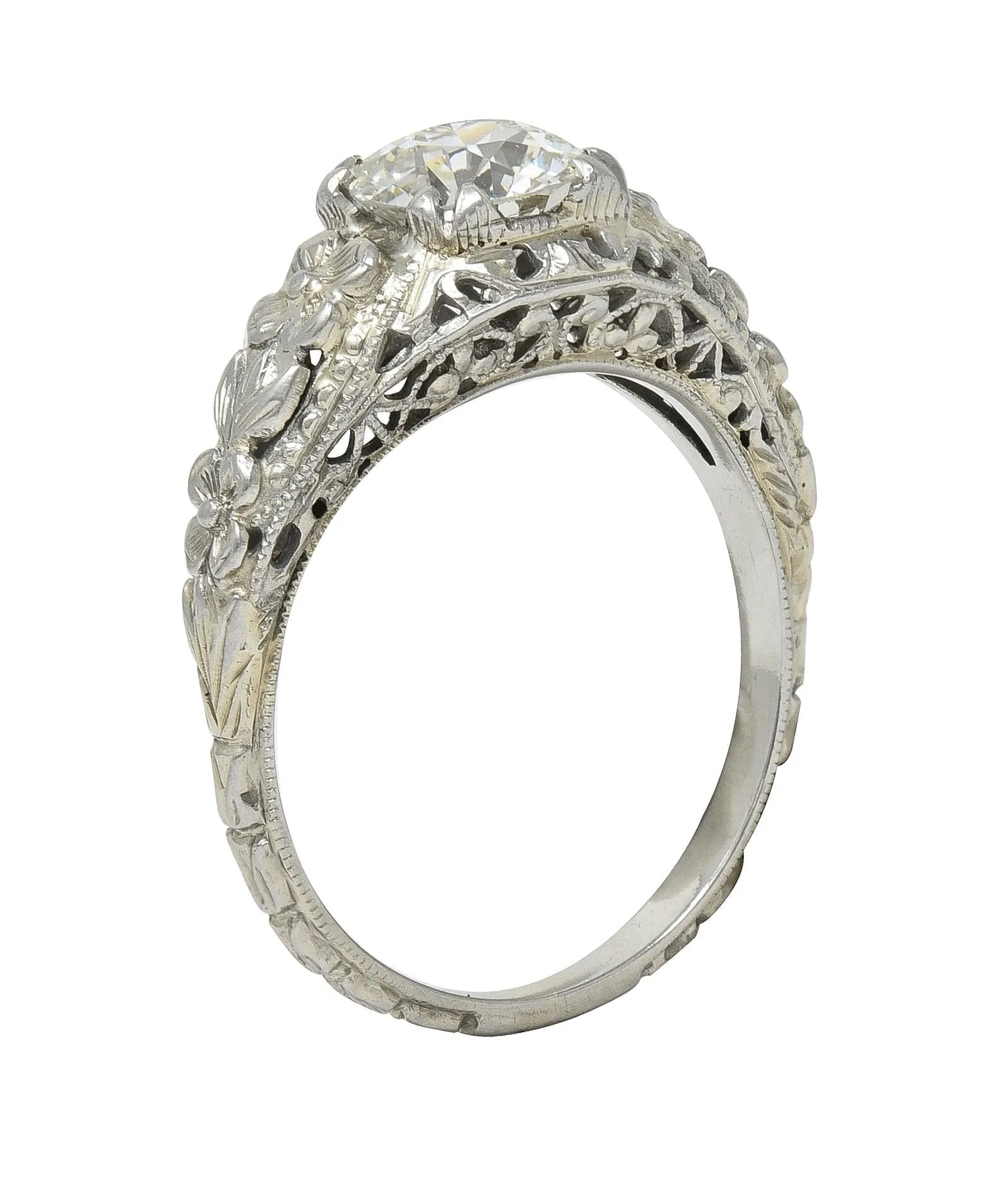 Art Deco 1.18 CTW Old European Cut Diamond 18 Karat White Gold Blossom Engagement Ring GIA