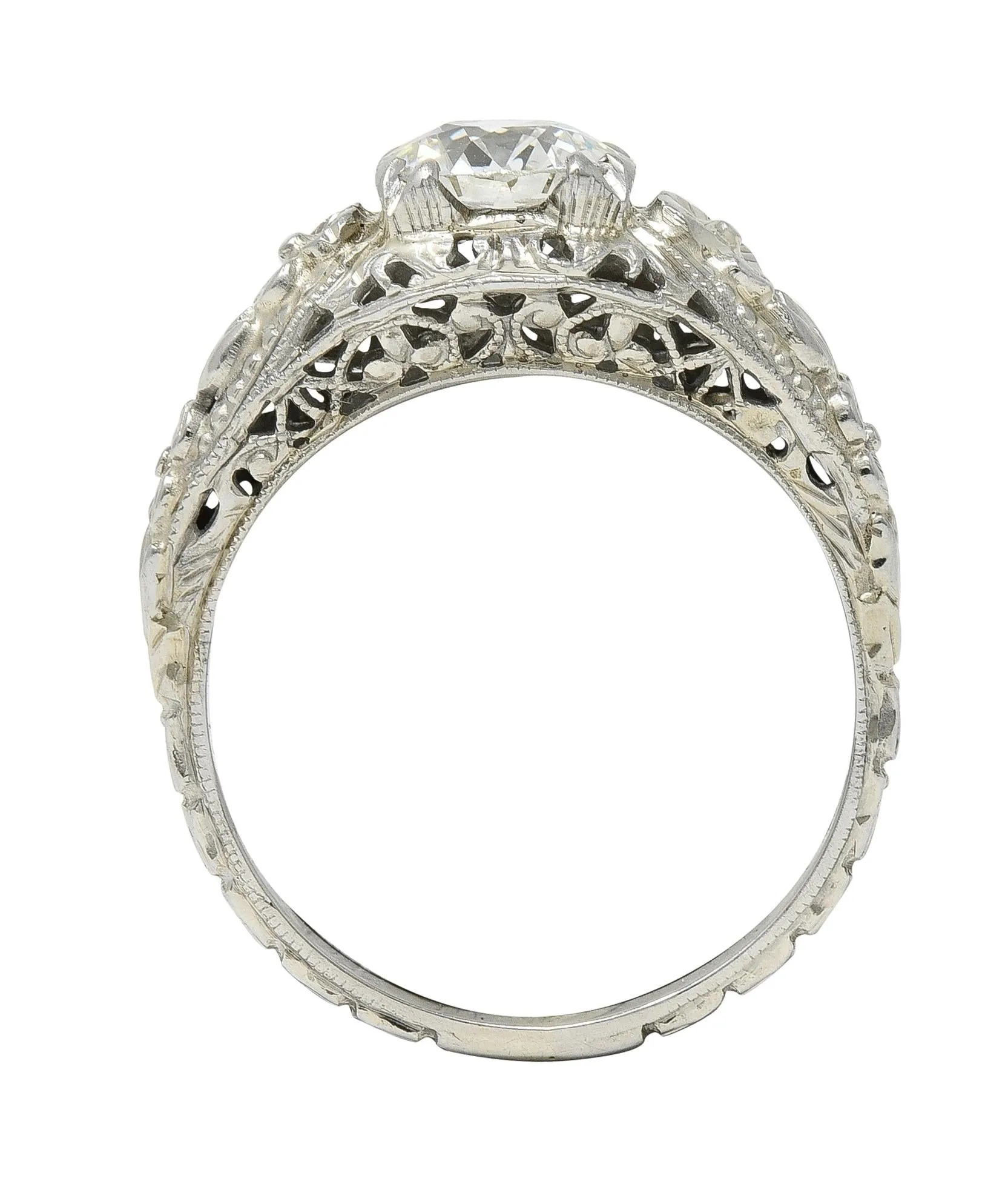 Art Deco 1.18 CTW Old European Cut Diamond 18 Karat White Gold Blossom Engagement Ring GIA