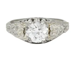 Art Deco 1.18 CTW Old European Cut Diamond 18 Karat White Gold Blossom Engagement Ring GIA