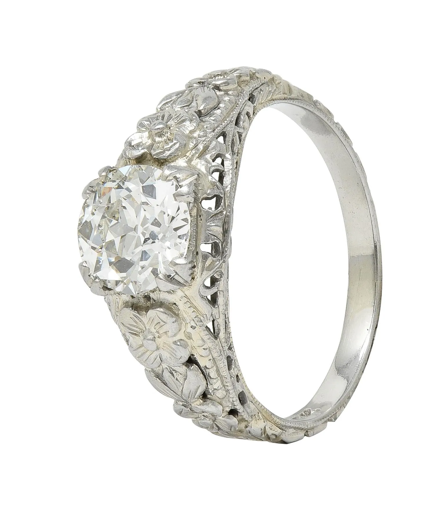 Art Deco 1.18 CTW Old European Cut Diamond 18 Karat White Gold Blossom Engagement Ring GIA