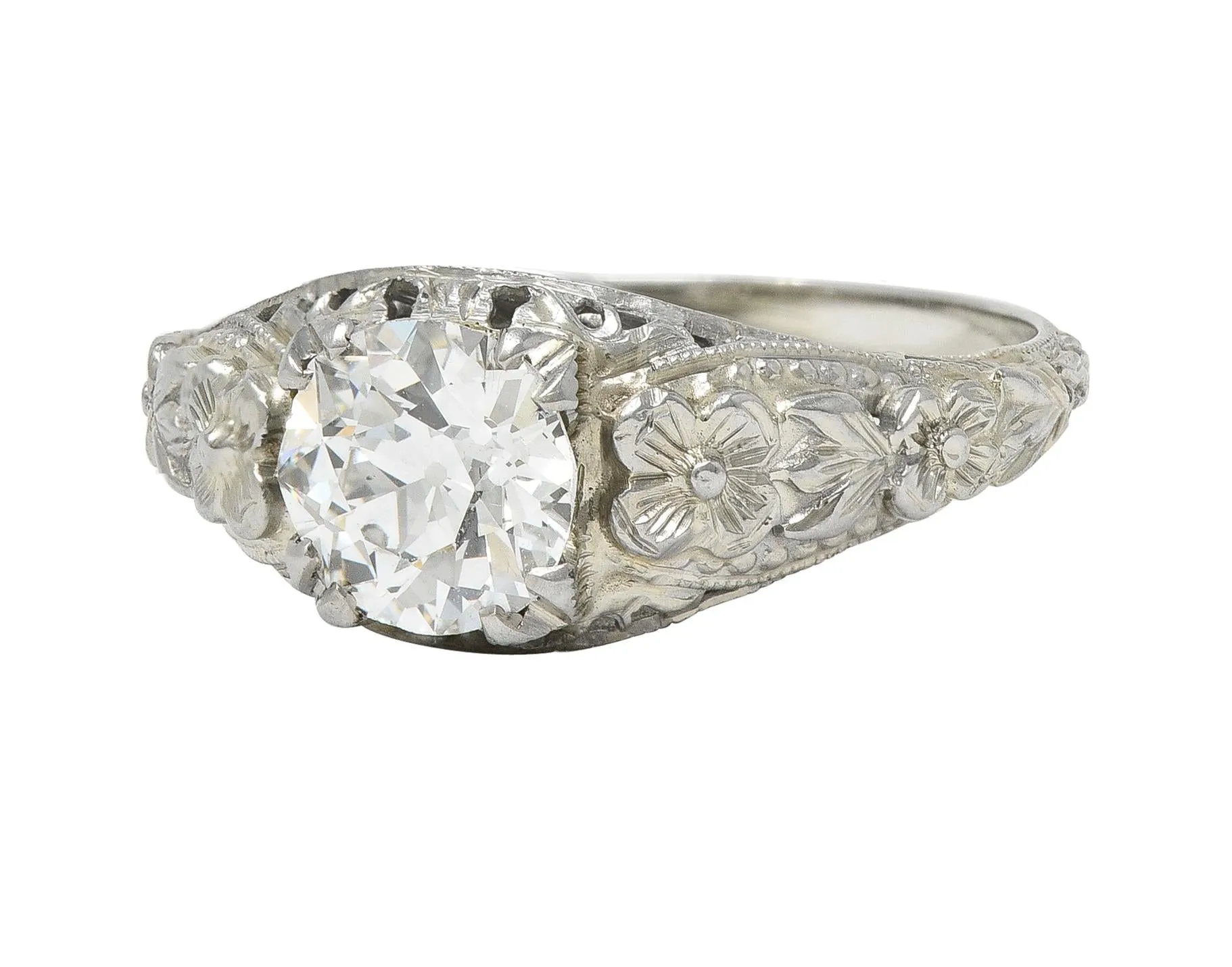 Art Deco 1.18 CTW Old European Cut Diamond 18 Karat White Gold Blossom Engagement Ring GIA