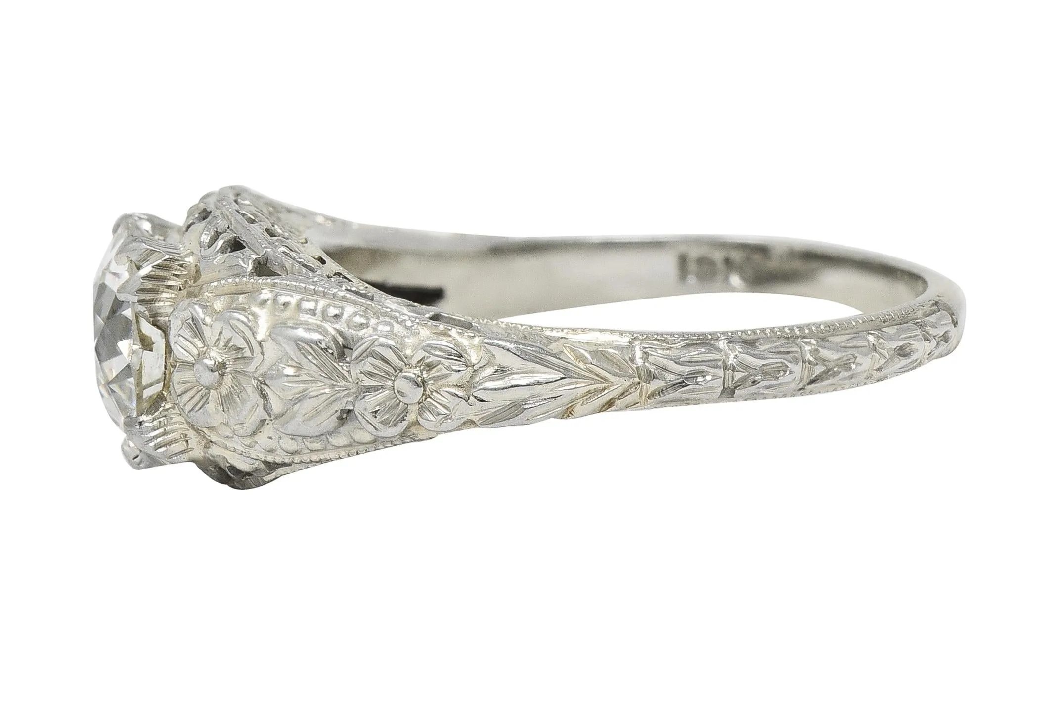 Art Deco 1.18 CTW Old European Cut Diamond 18 Karat White Gold Blossom Engagement Ring GIA