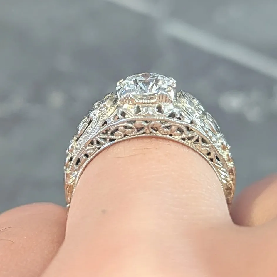 Art Deco 1.18 CTW Old European Cut Diamond 18 Karat White Gold Blossom Engagement Ring GIA