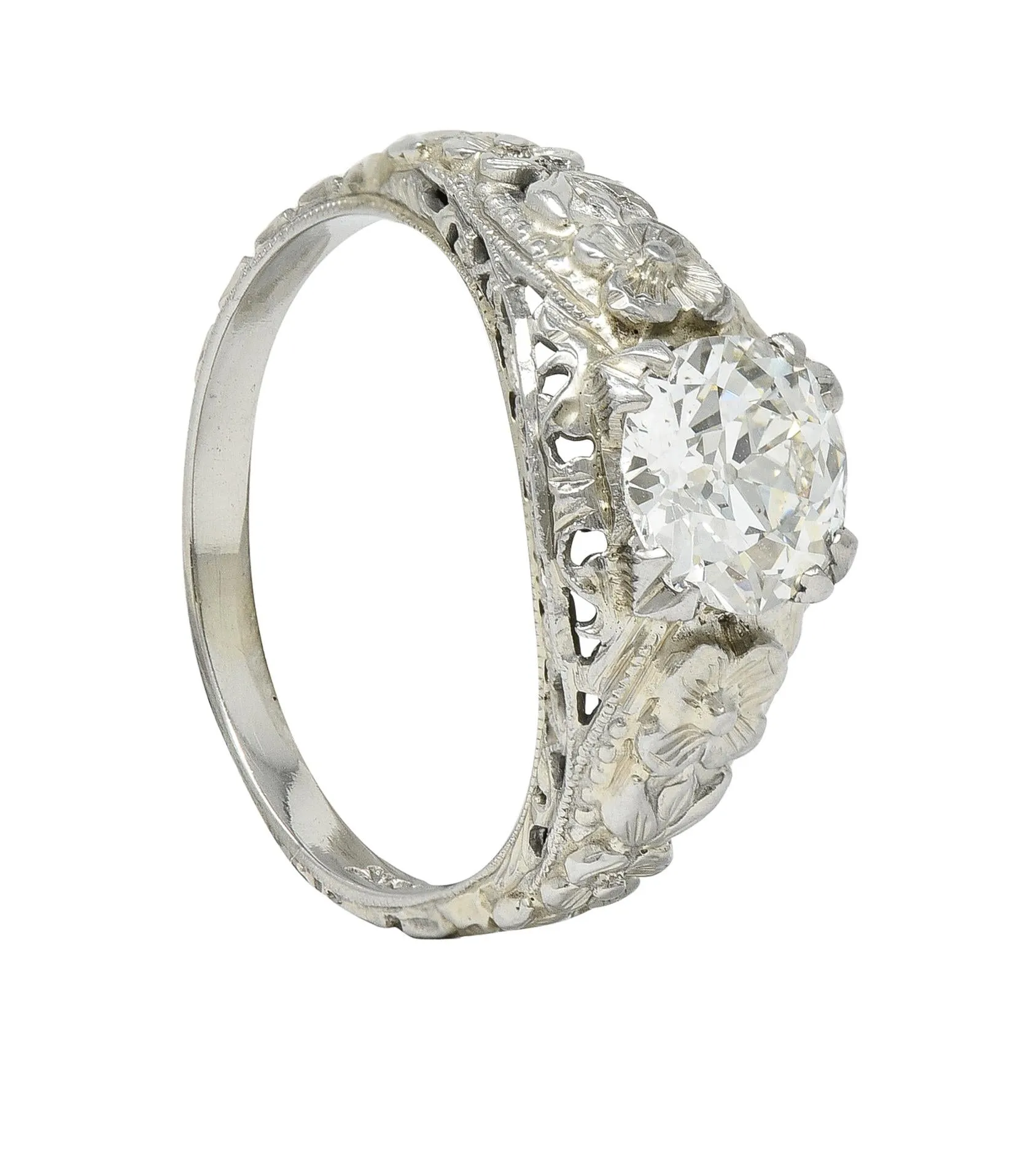Art Deco 1.18 CTW Old European Cut Diamond 18 Karat White Gold Blossom Engagement Ring GIA