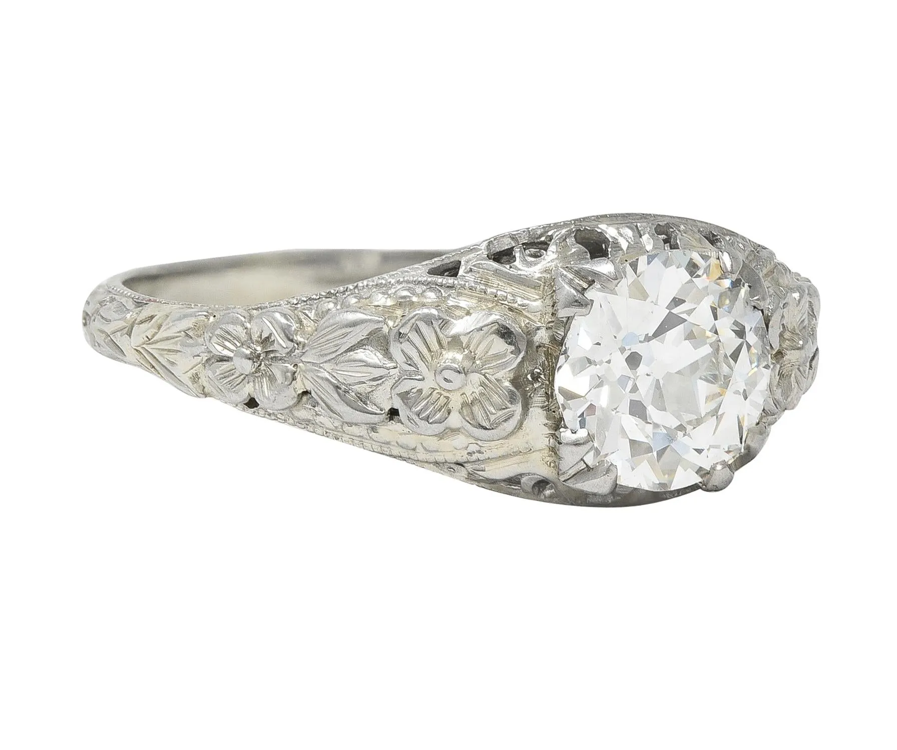 Art Deco 1.18 CTW Old European Cut Diamond 18 Karat White Gold Blossom Engagement Ring GIA