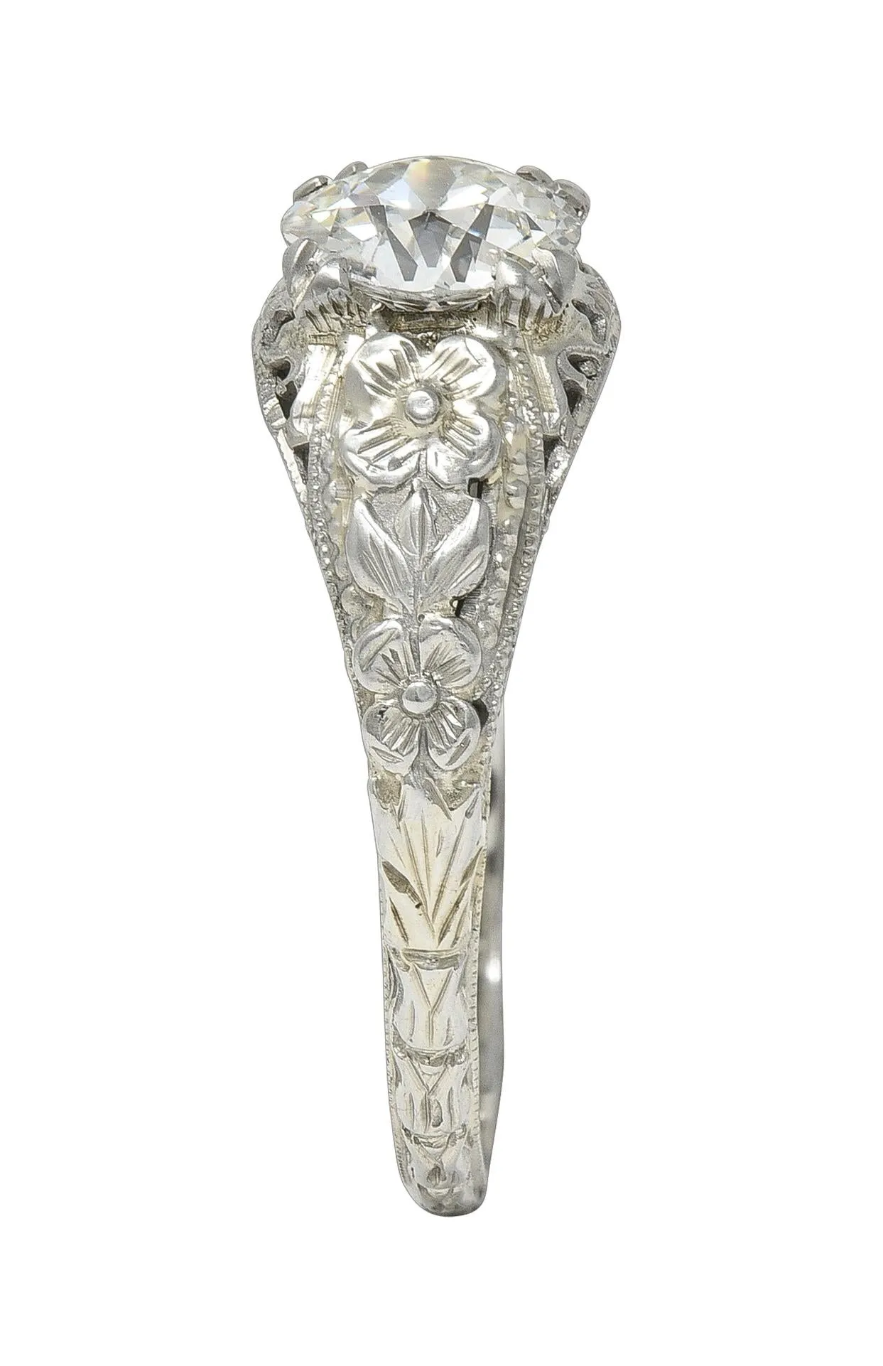 Art Deco 1.18 CTW Old European Cut Diamond 18 Karat White Gold Blossom Engagement Ring GIA
