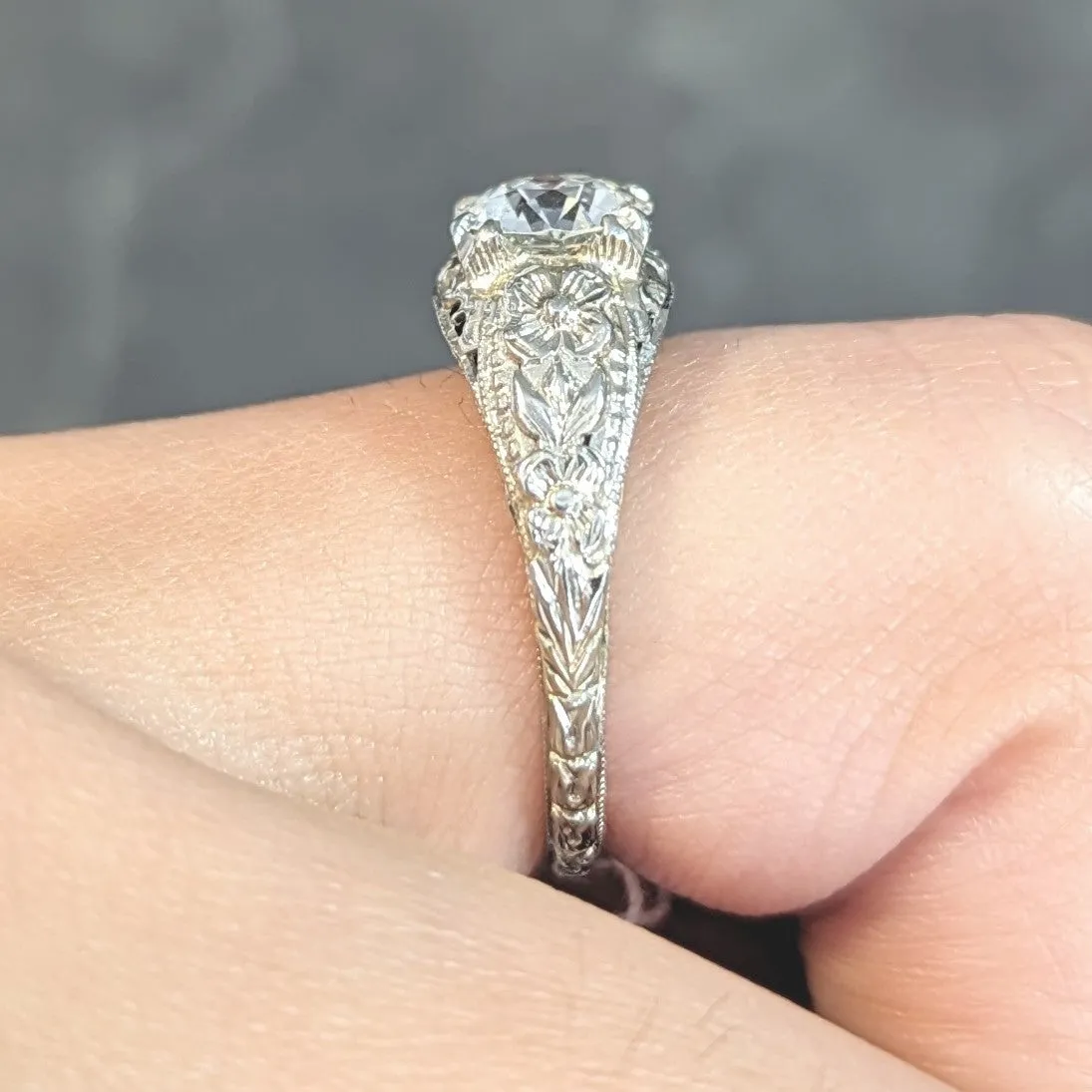 Art Deco 1.18 CTW Old European Cut Diamond 18 Karat White Gold Blossom Engagement Ring GIA